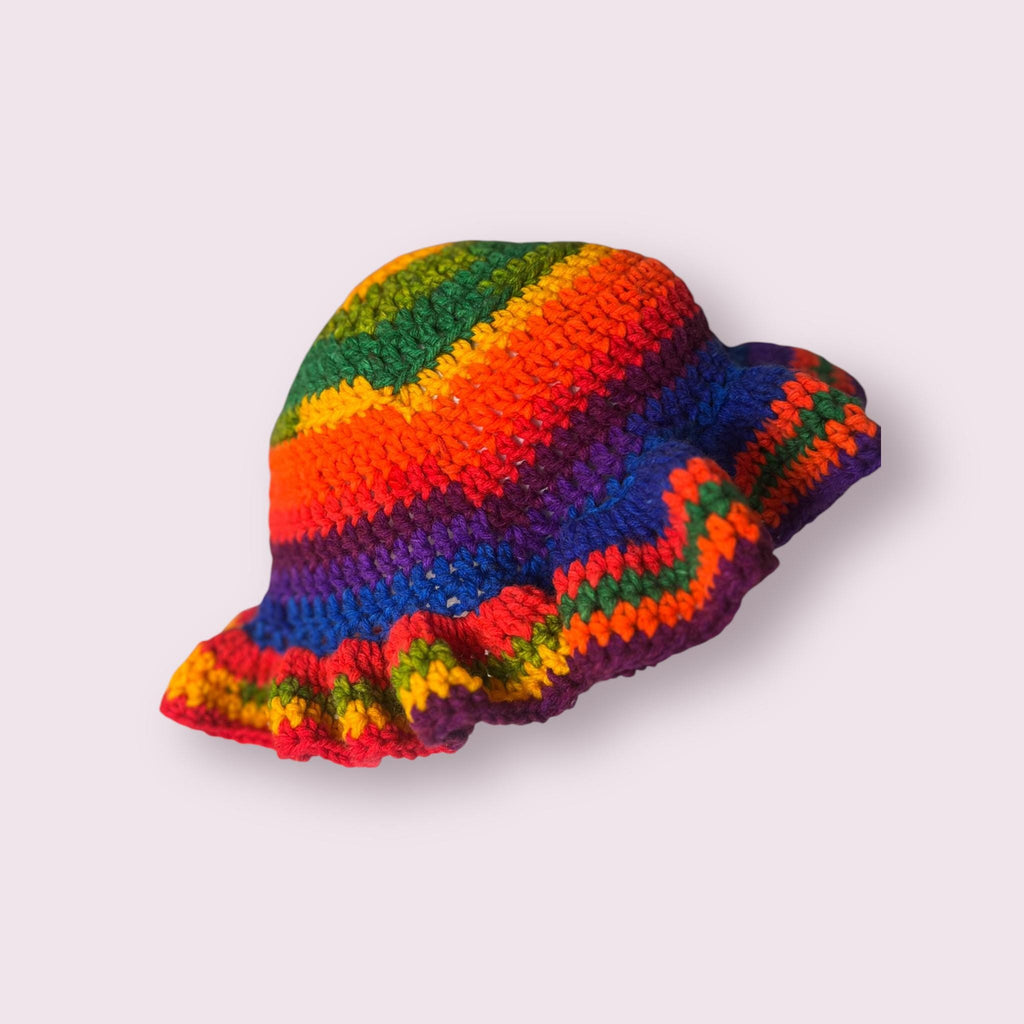 Handmade Rainbow Ruffle Bucket Hat – Acrylic Yarn, Adult Size