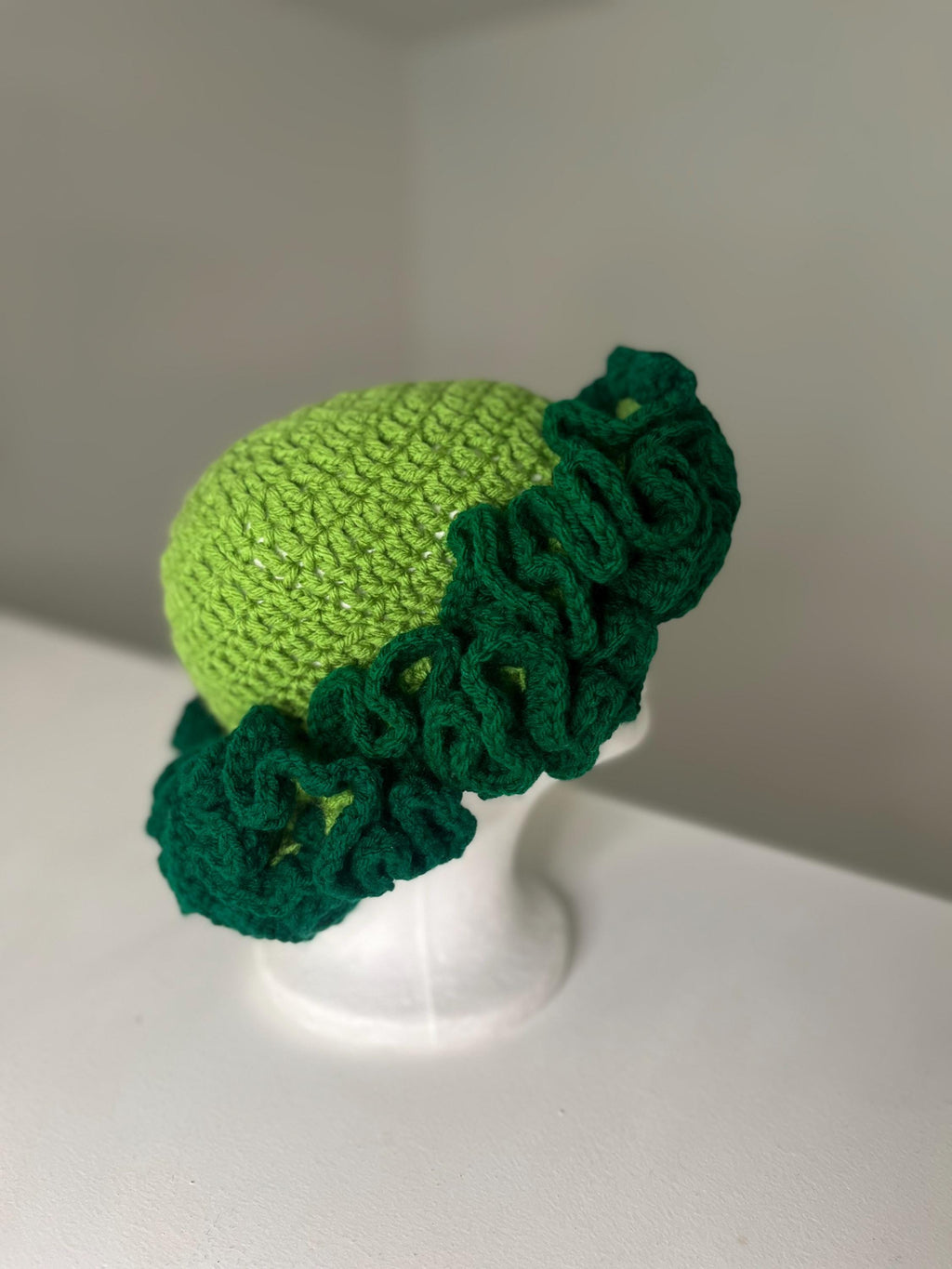 Handmade Acrylic Ruffle Bucket Hat, Light and Dark Green, Adult Size