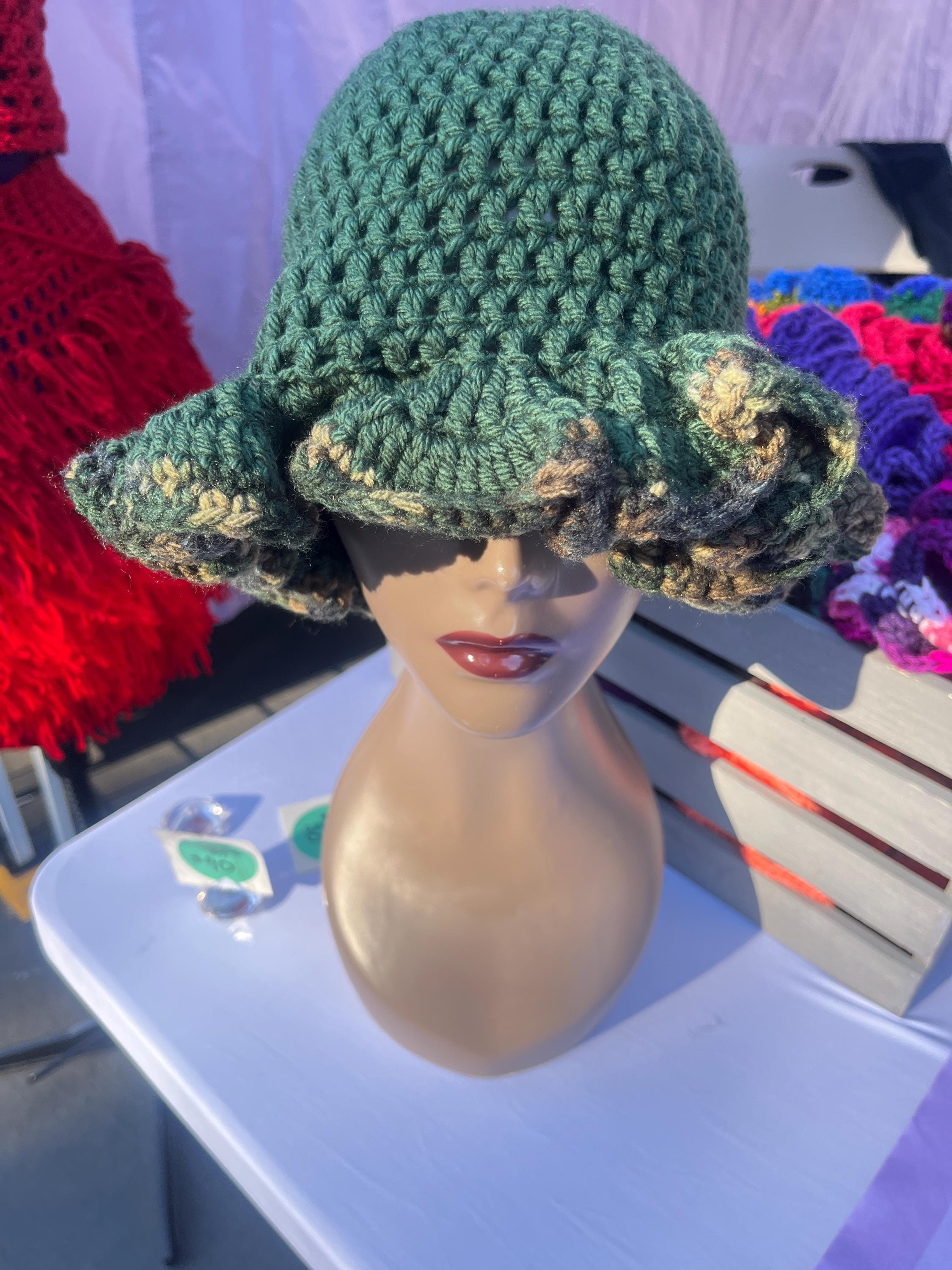 Deep Forest Green Ruffle Hat with Camo Trim - Unique, Colorful Bucket Hat