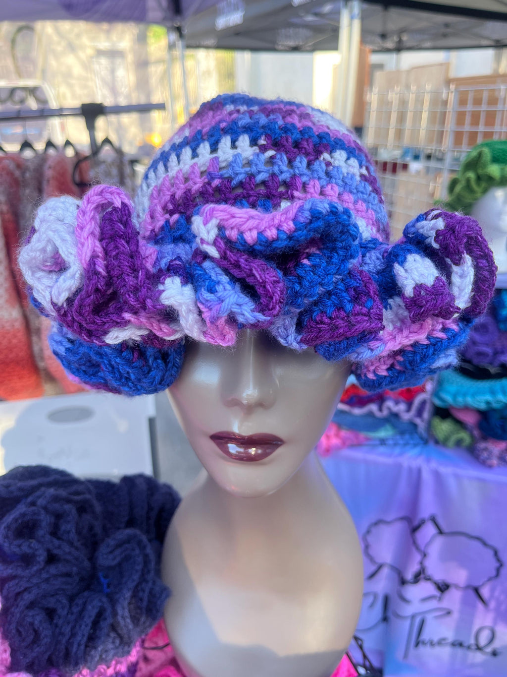 Handmade Acrylic Ruffle Bucket Hat, Purple Blue White, Adult Size