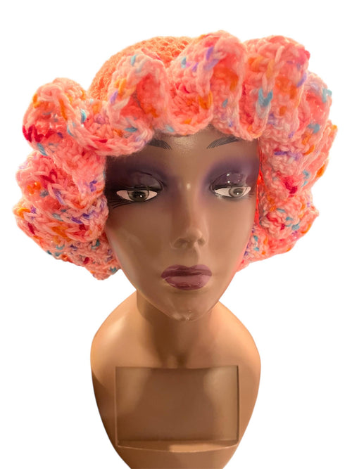Bright Peach Hat with Pink Speckled Ruffle Brim - Unique, Colorful Bucket Hat