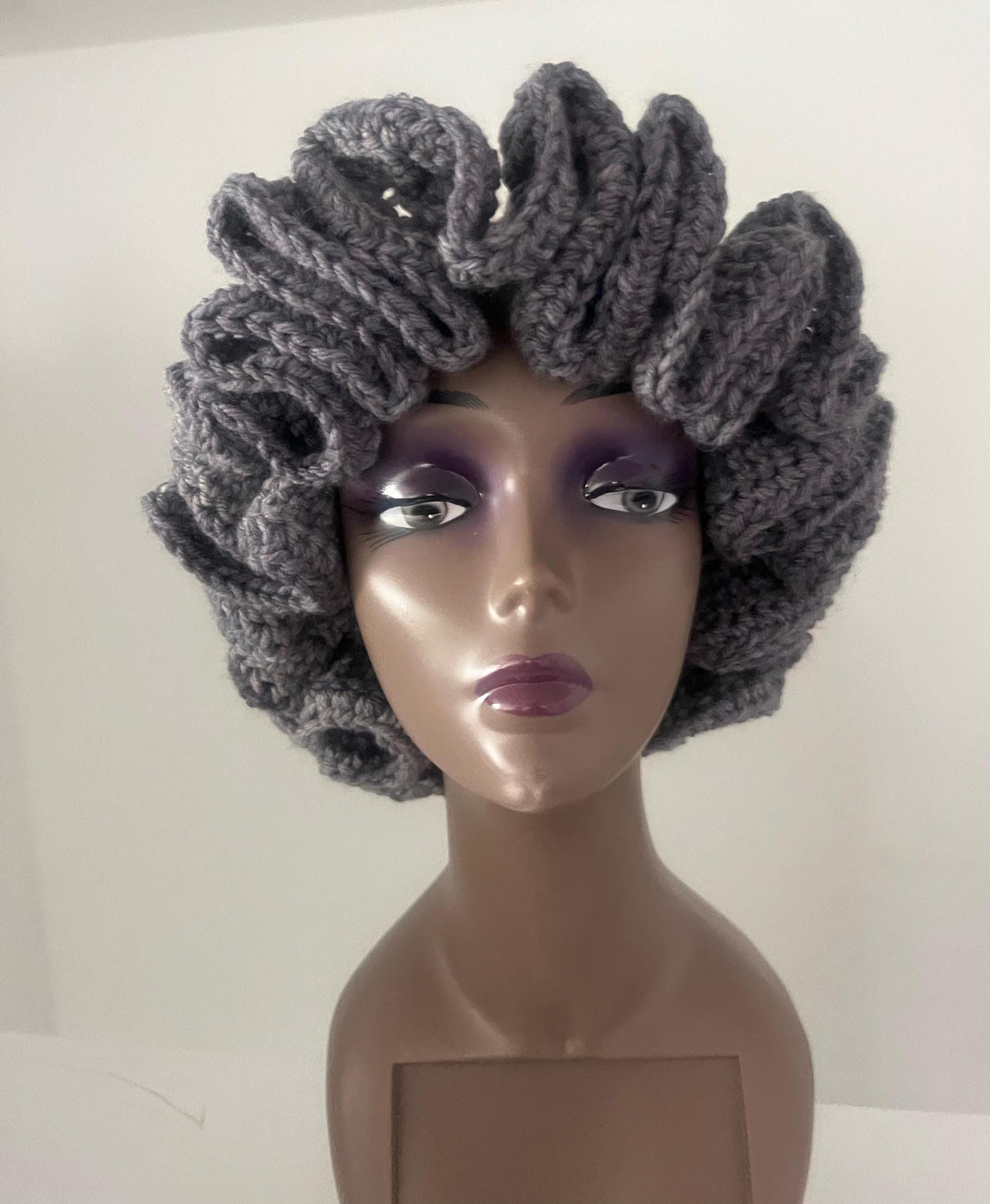 Handmade Black Crochet Ruffle Hat – Adult M/L, Satin Lined