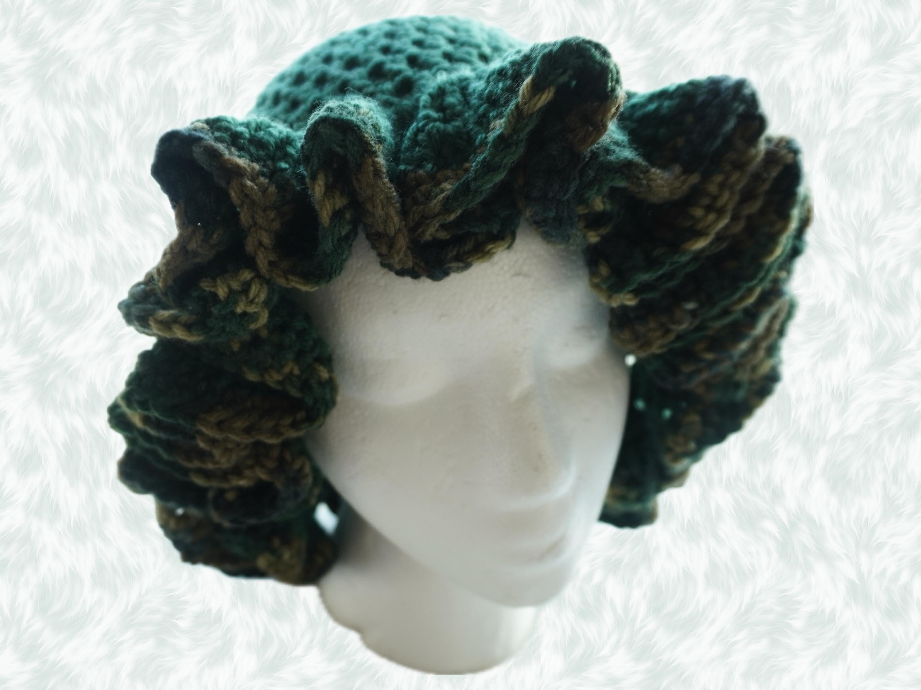 Deep Forest Green Ruffle Hat with Camo Trim - Unique, Colorful Bucket Hat