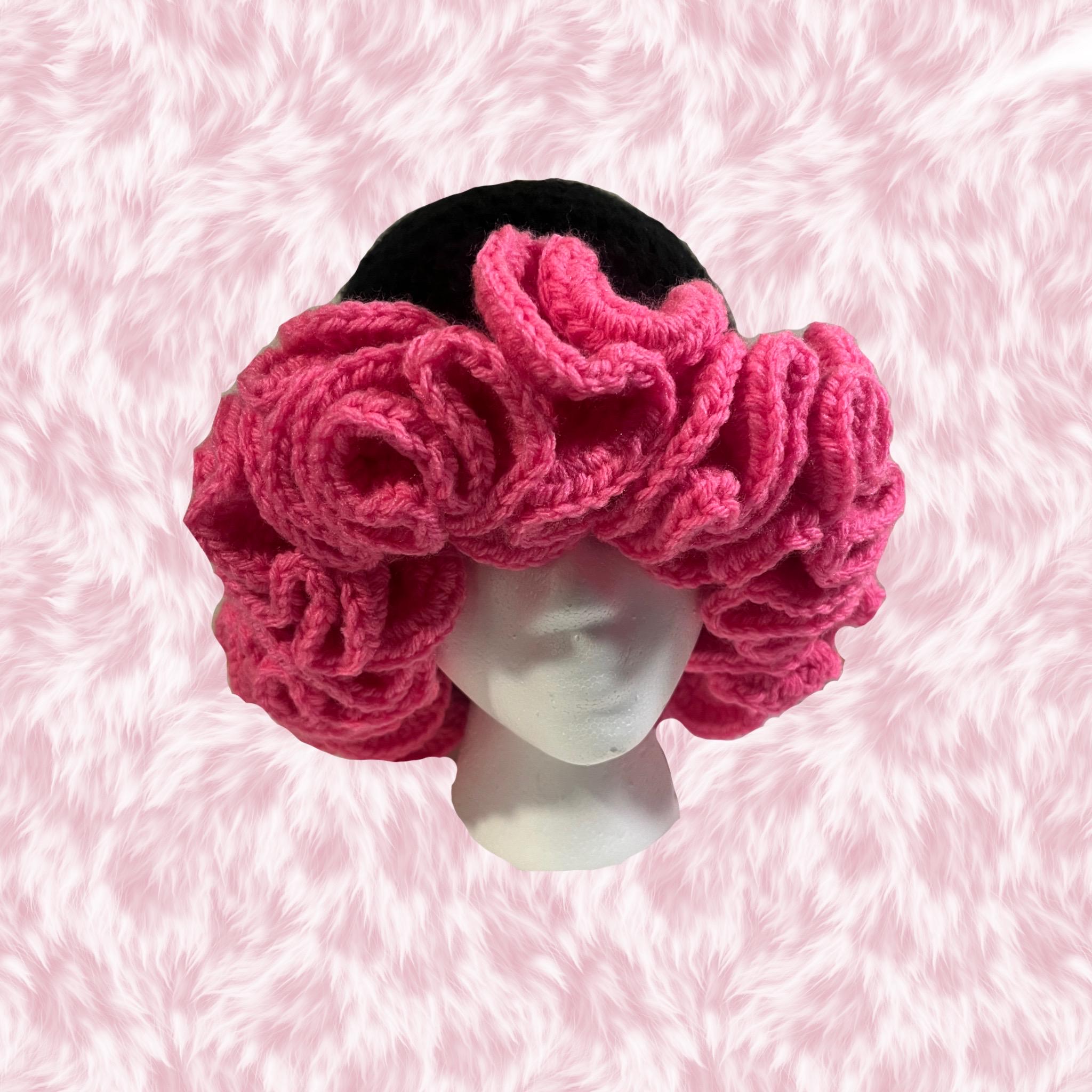 Black & Hot Pink Ruffle Bucket Hat - Handmade Acrylic Yarn