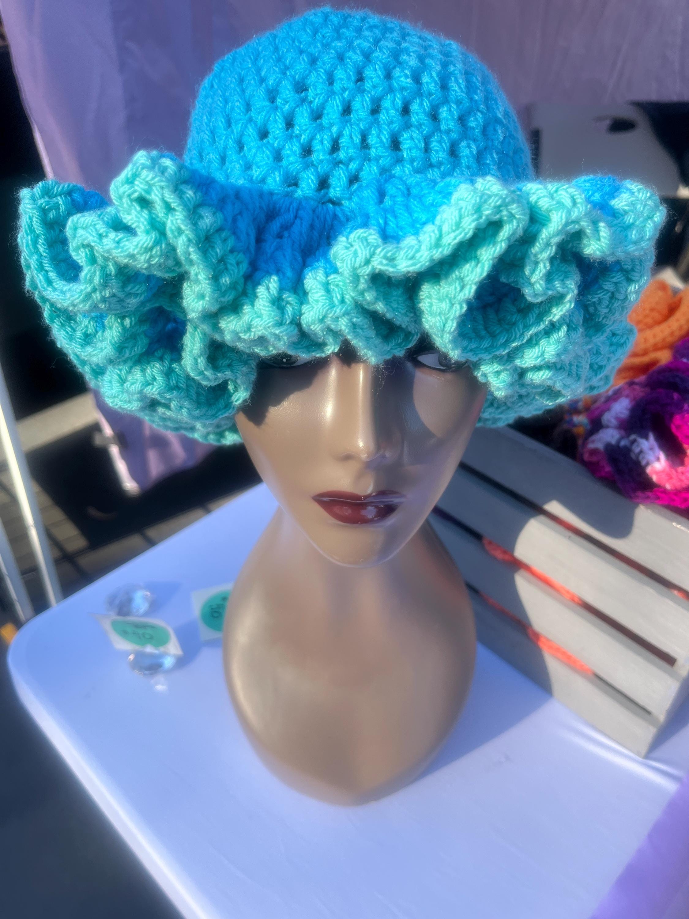 Ombre Ruffle Bucket Hat – Handmade Blue Acrylic Yarn