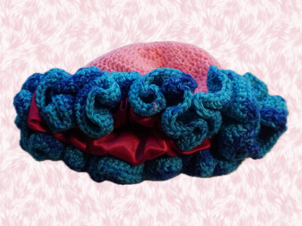 Satin Lined Pink Ruffle Hat with Ocean Blue Trim - Unique Colorful, Bucket Hat