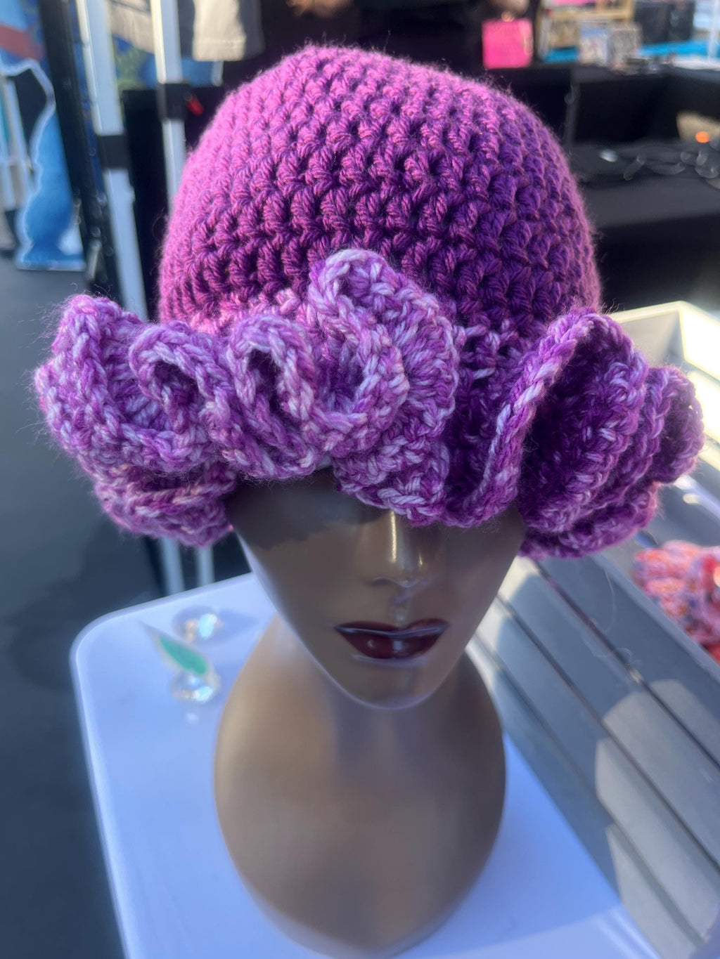 Handmade Purple Ruffle Bucket Hat – XL Acrylic Knit