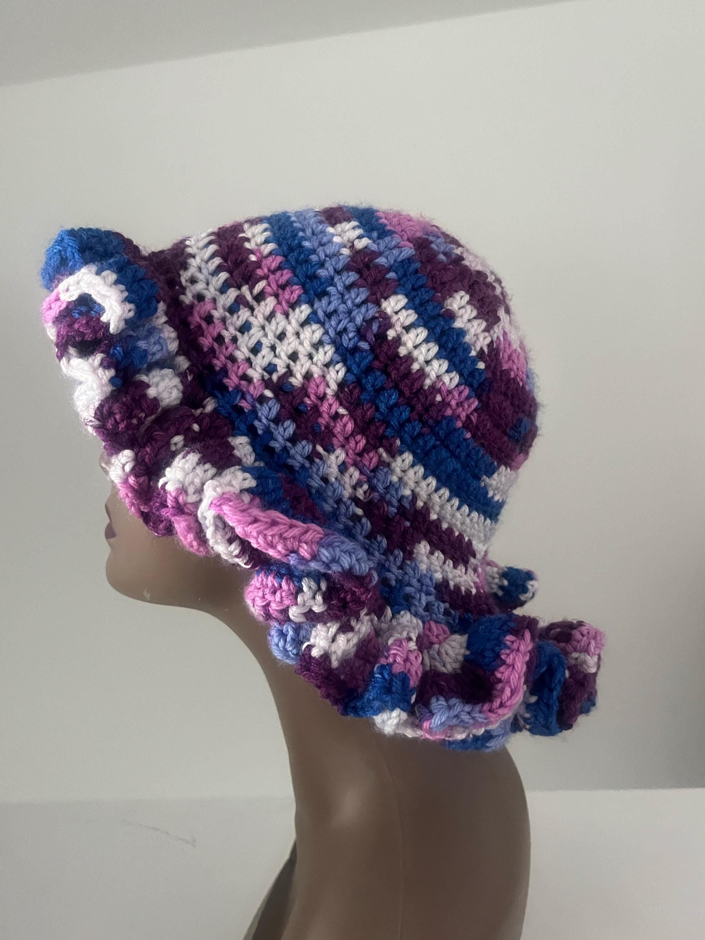 Handmade Acrylic Ruffle Bucket Hat, Purple Blue White, Adult Size
