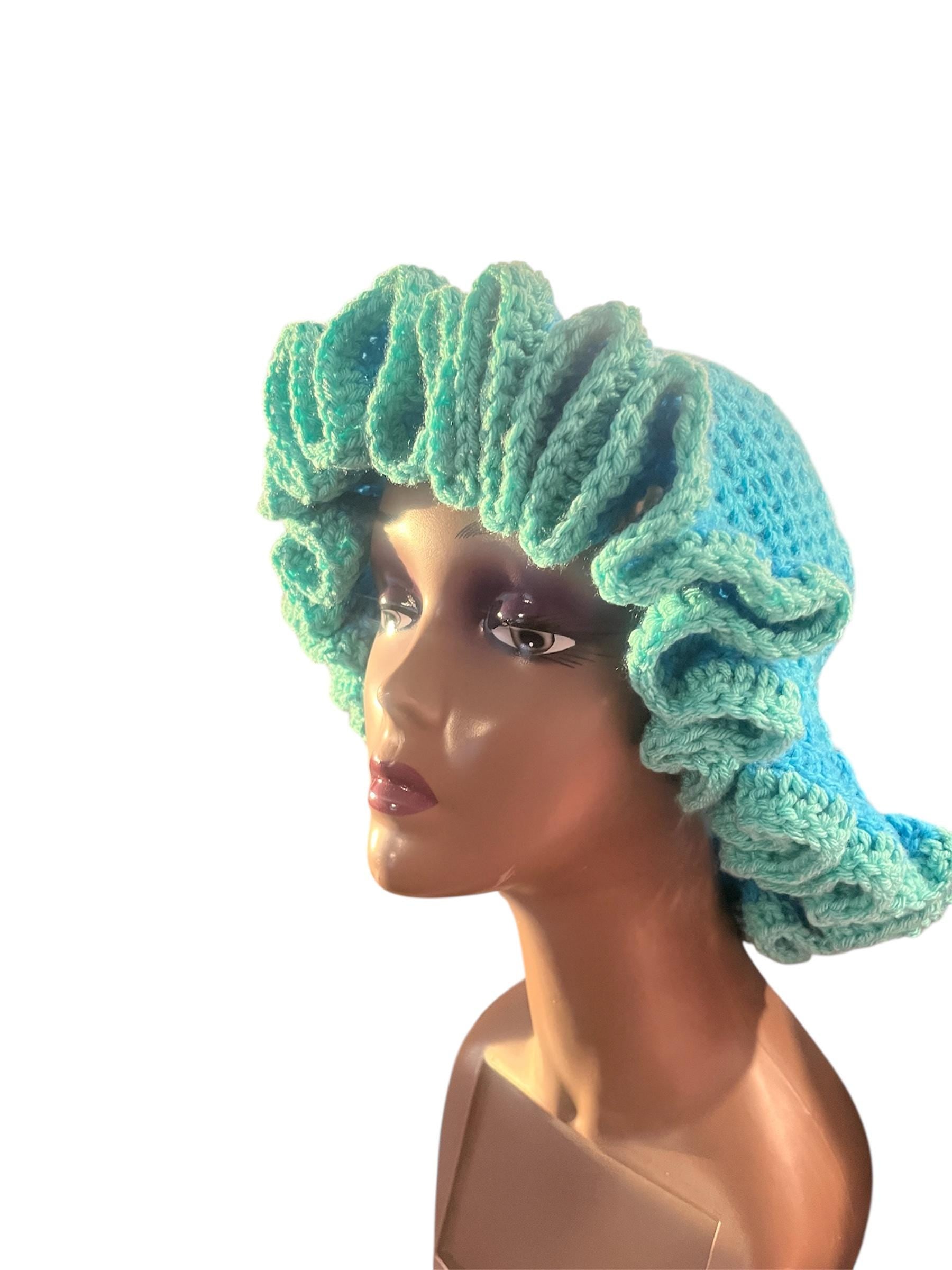 Ombre Ruffle Bucket Hat – Handmade Blue Acrylic Yarn