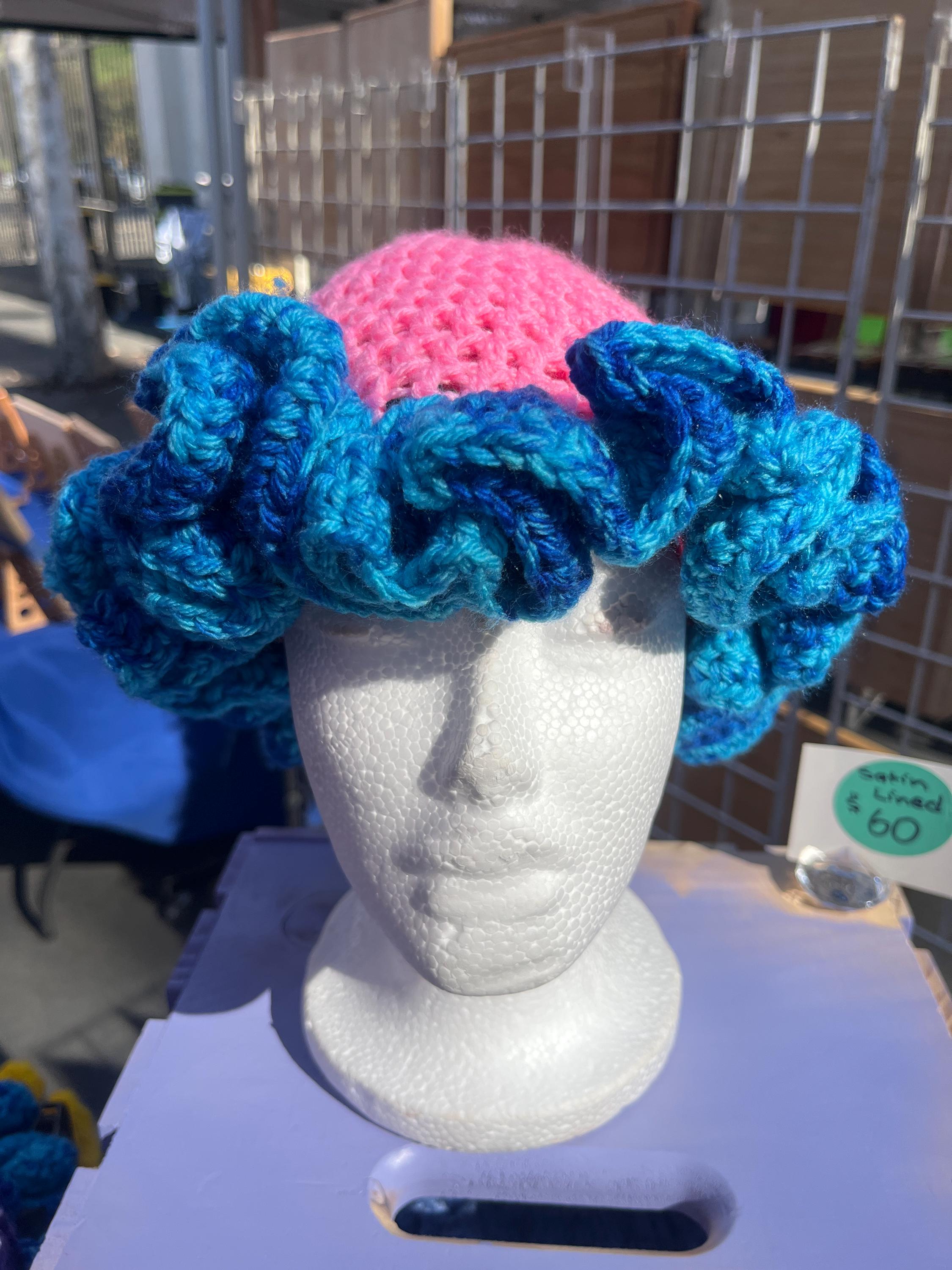 Satin Lined Pink Ruffle Hat with Ocean Blue Trim - Unique Colorful, Bucket Hat