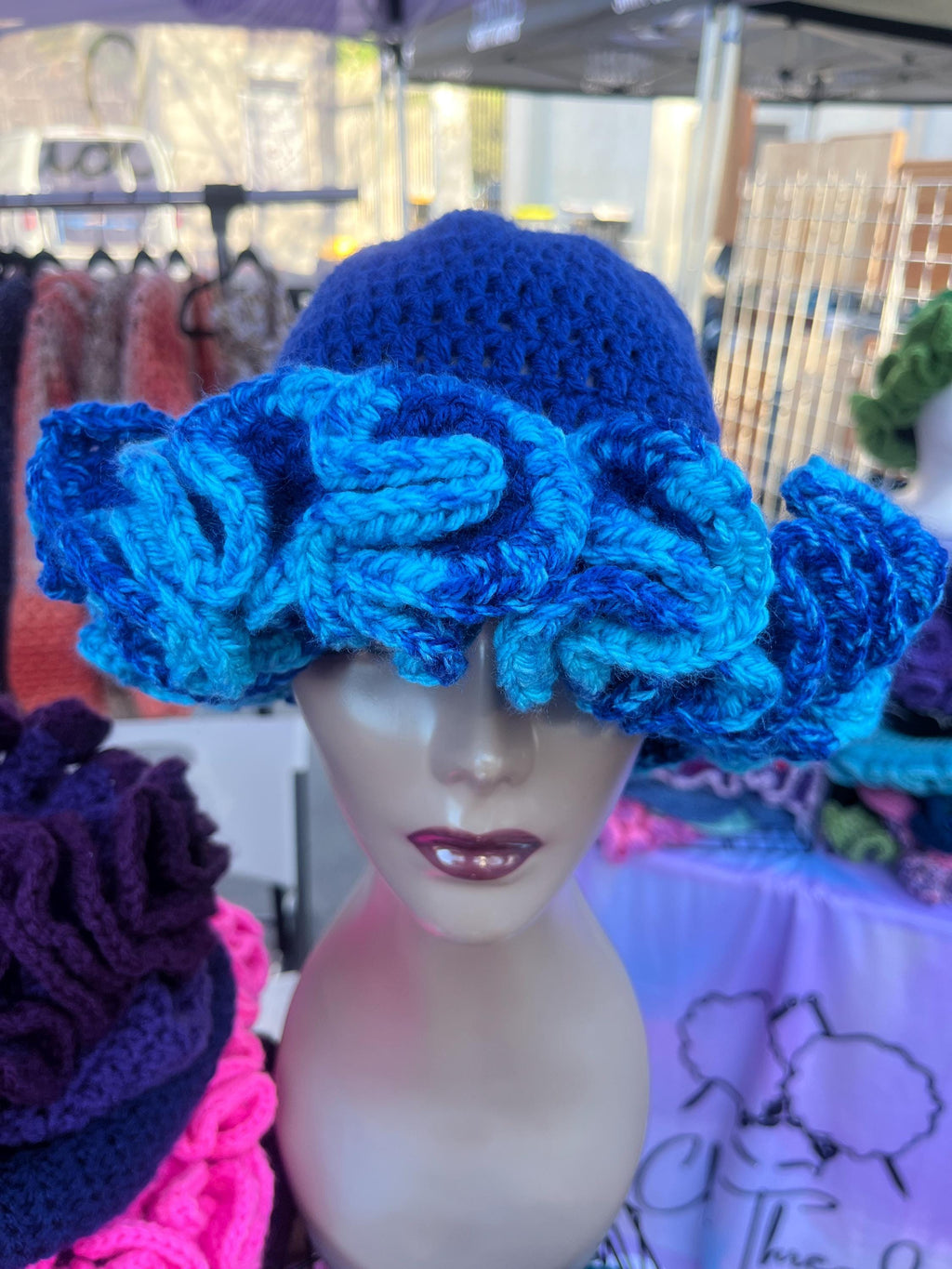 Handmade Royal Blue Ruffle Bucket Hat – Ocean Trim, Adult M/L