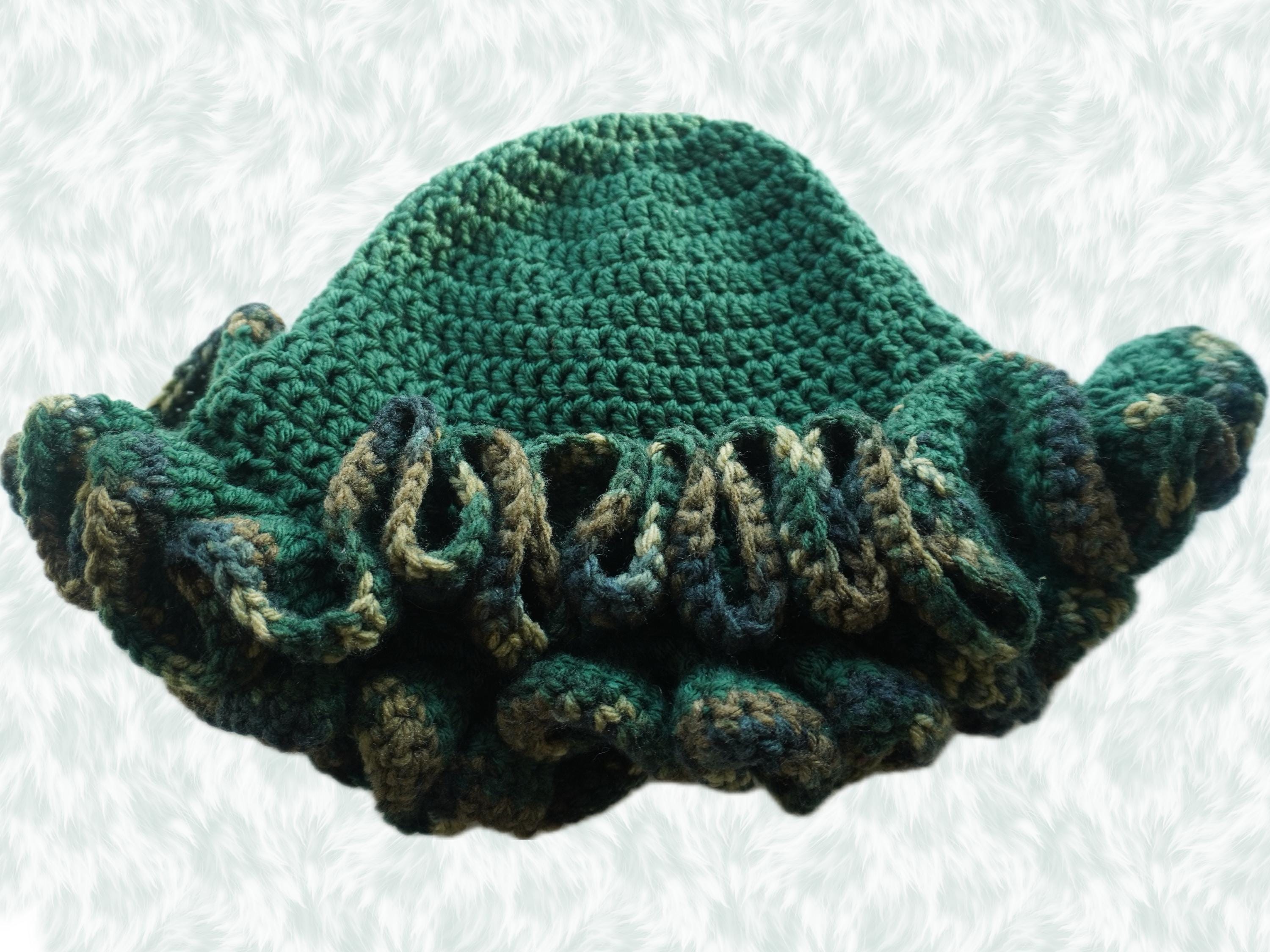 Deep Forest Green Ruffle Hat with Camo Trim - Unique, Colorful Bucket Hat