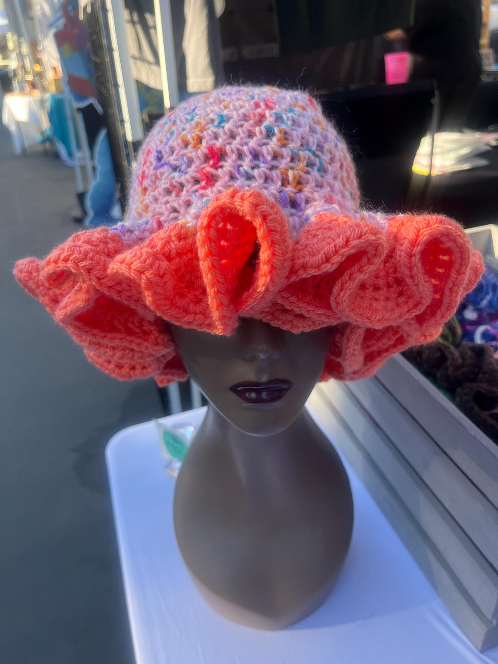 Pink Speckled Ruffle Hat with Bright Peach Brim- Unique, Colorful Bucket Hat