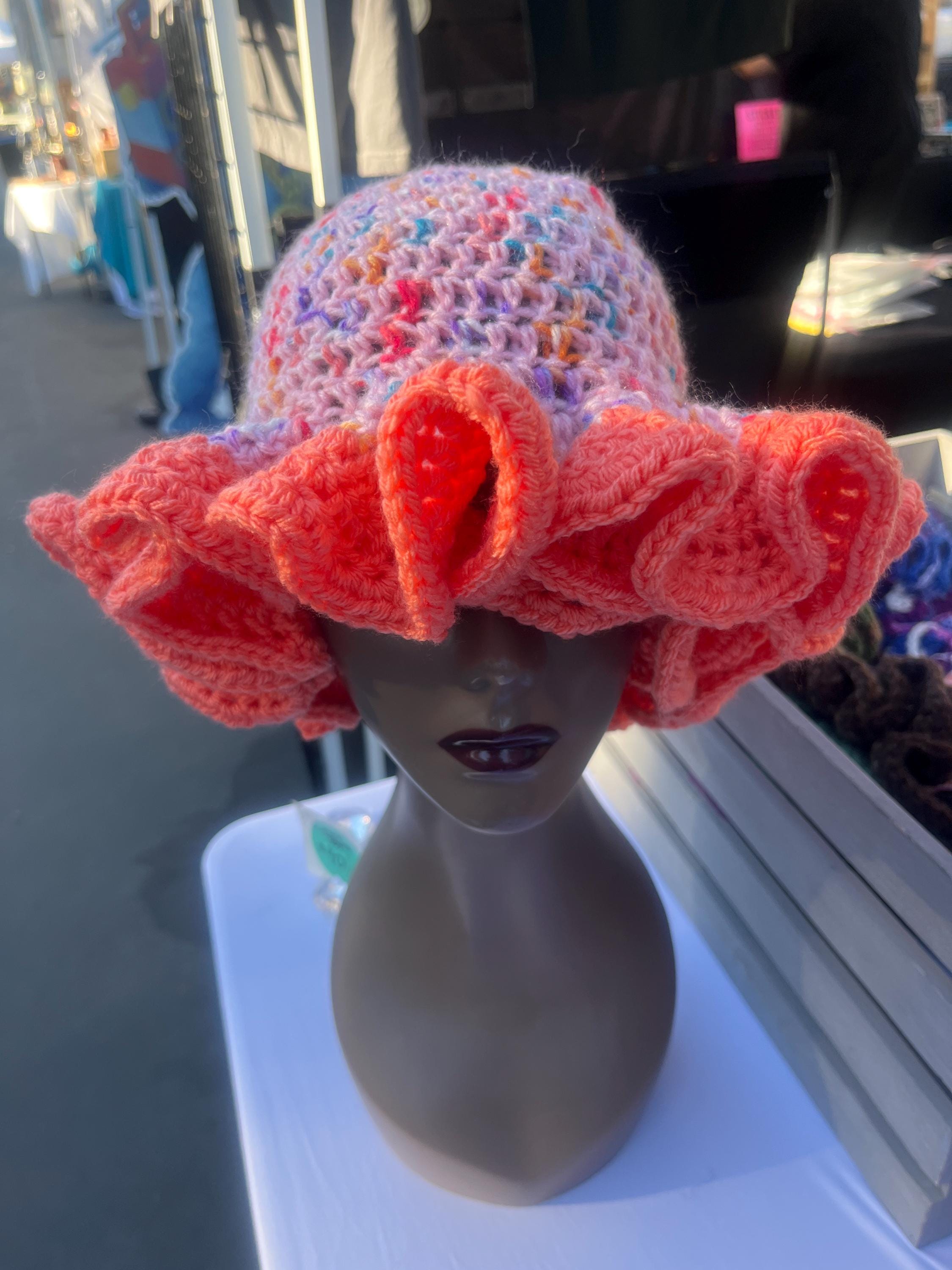 Pink Speckled Ruffle Hat with Bright Peach Brim- Unique, Colorful Bucket Hat