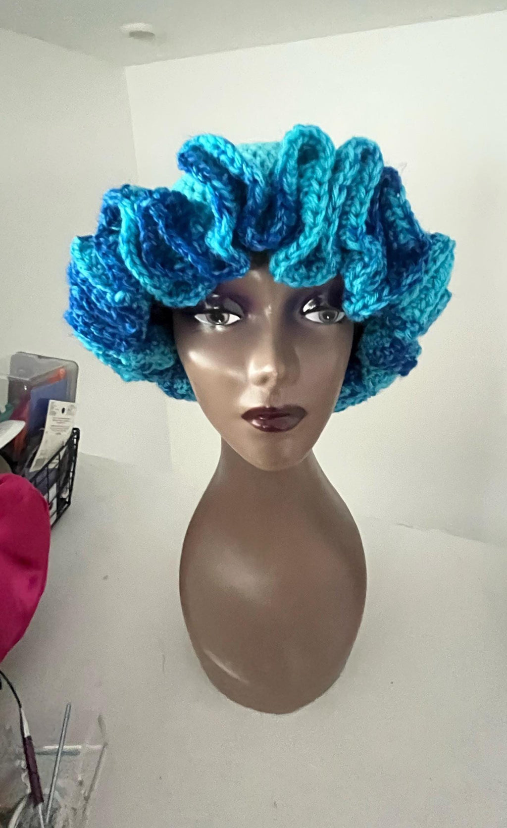 SATIN LINED Bright Blue to Ocean Brim Ruffle Hat- Colorful and Unique Bucket Hat