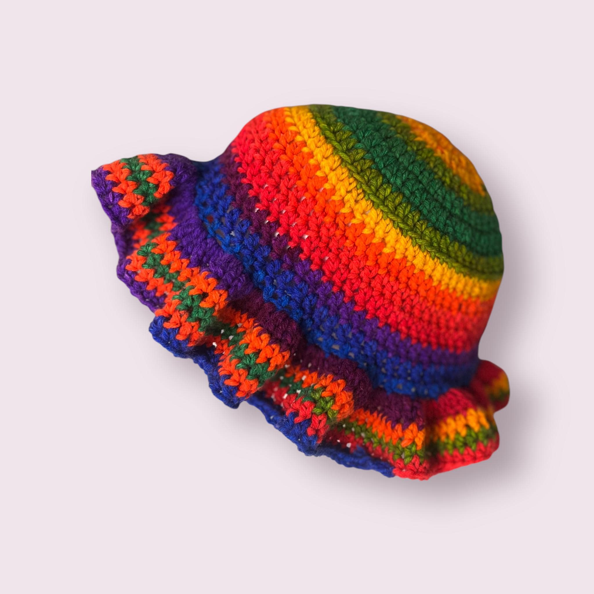 Handmade Rainbow Ruffle Bucket Hat – Acrylic Yarn, Adult Size