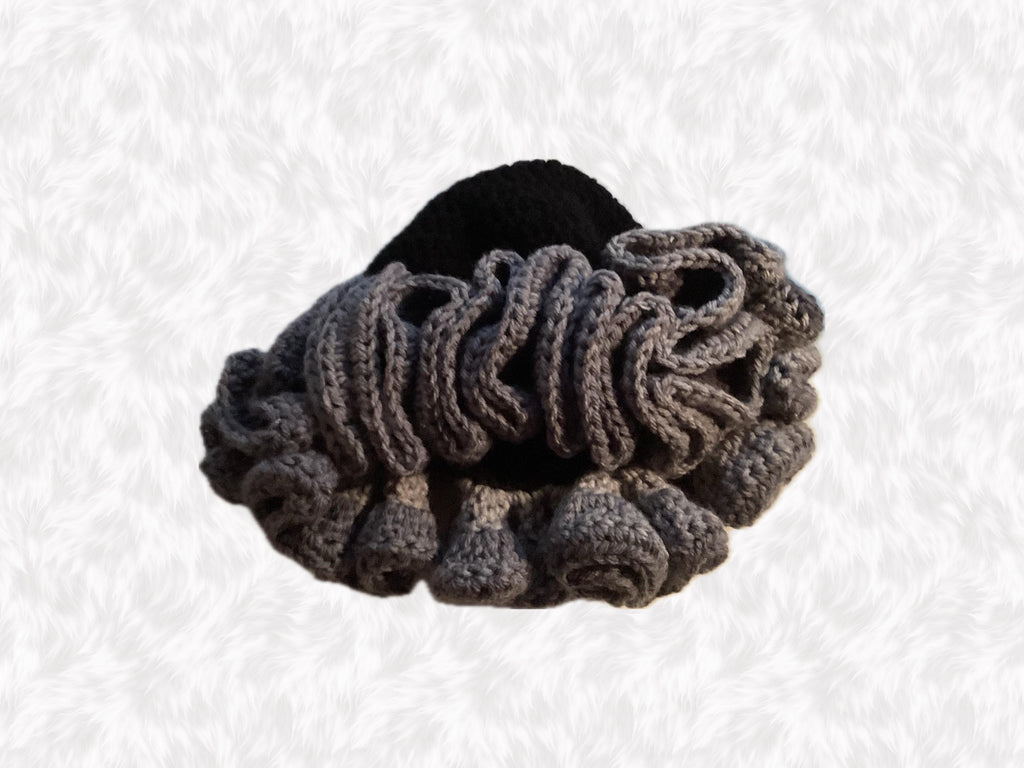 Handmade Black Crochet Ruffle Hat – Adult M/L, Satin Lined