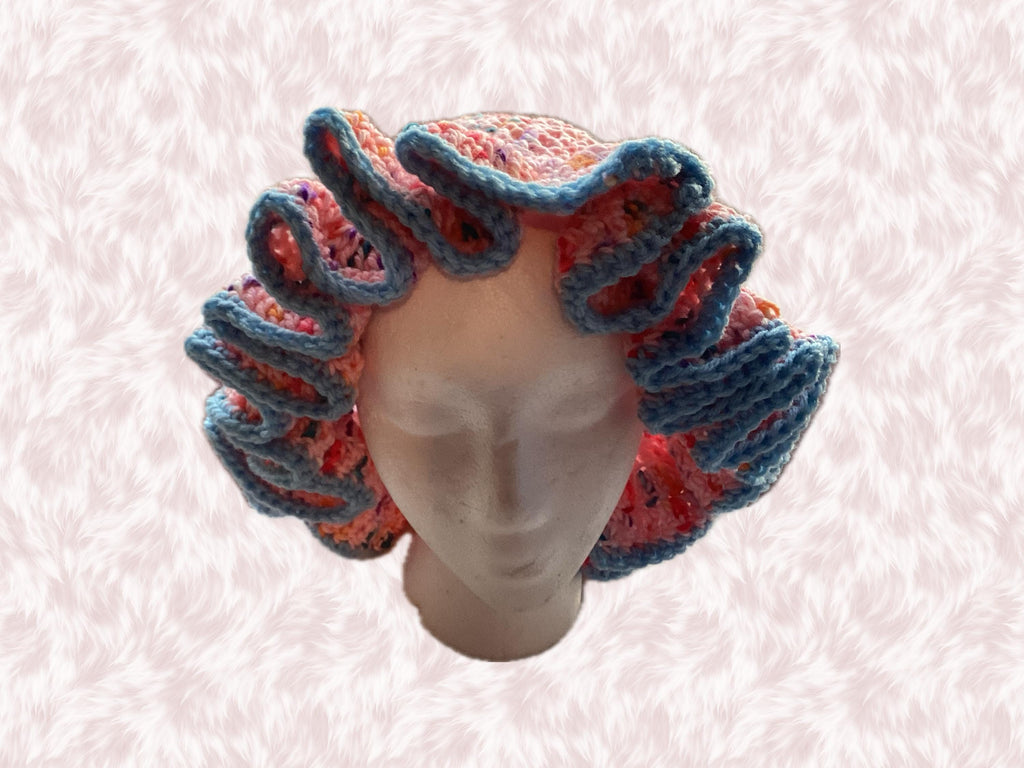 Pink Speckled Ruffle Hat with Light Blue Trim- Unique, Colorful Bucket Hat