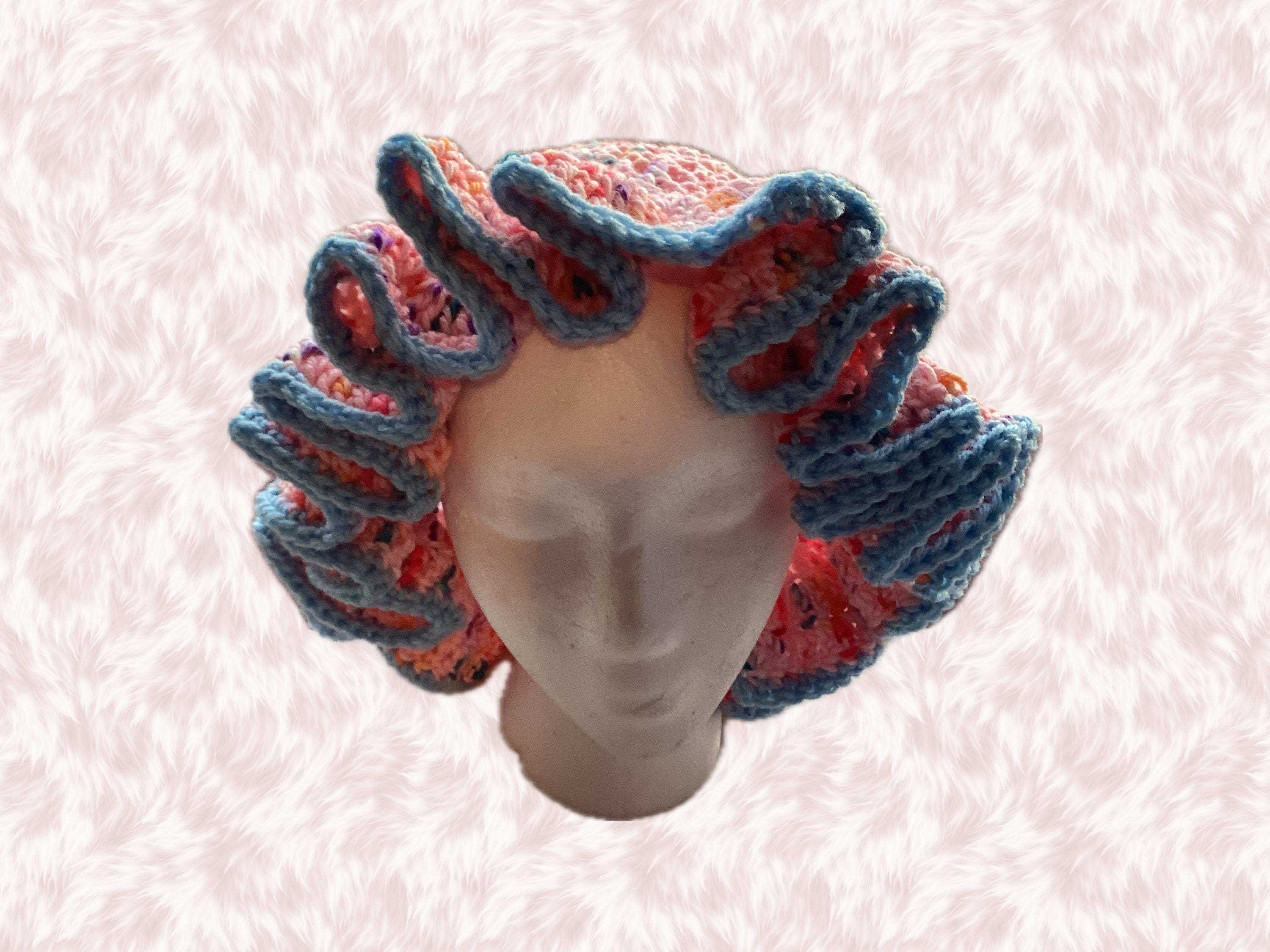 Pink Speckled Ruffle Hat with Light Blue Trim- Unique, Colorful Bucket Hat