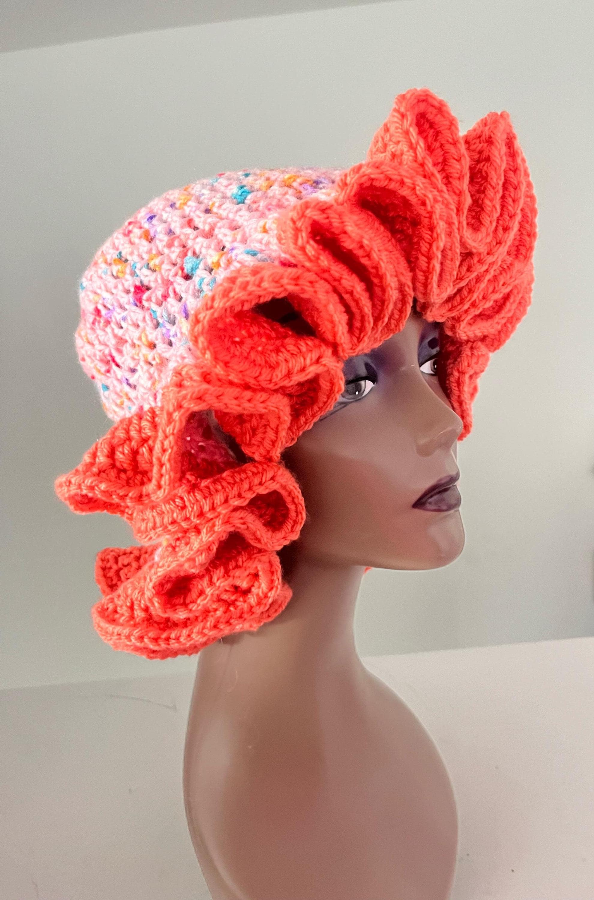 Pink Speckled Ruffle Hat with Bright Peach Brim- Unique, Colorful Bucket Hat