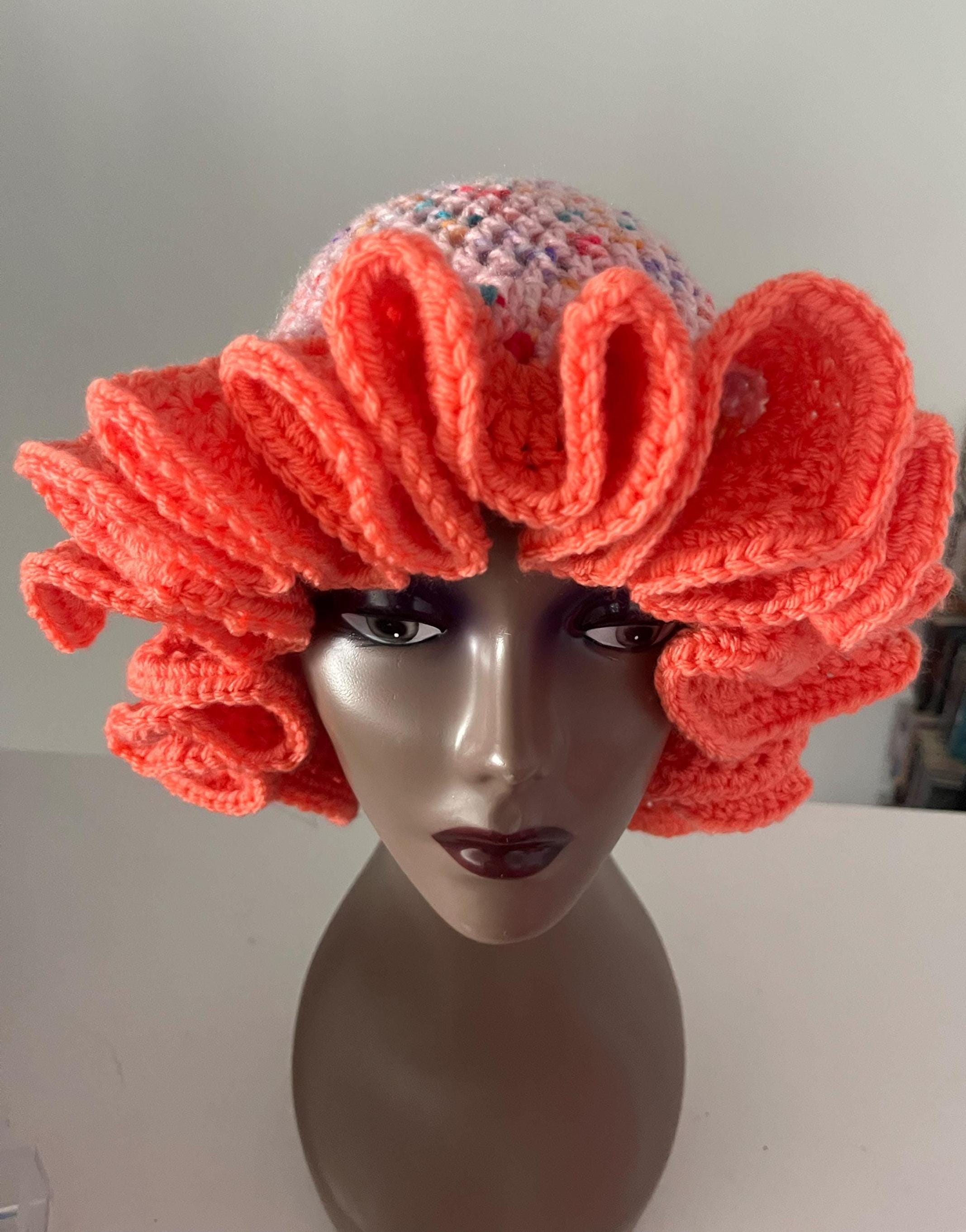 Pink Speckled Ruffle Hat with Bright Peach Brim- Unique, Colorful Bucket Hat