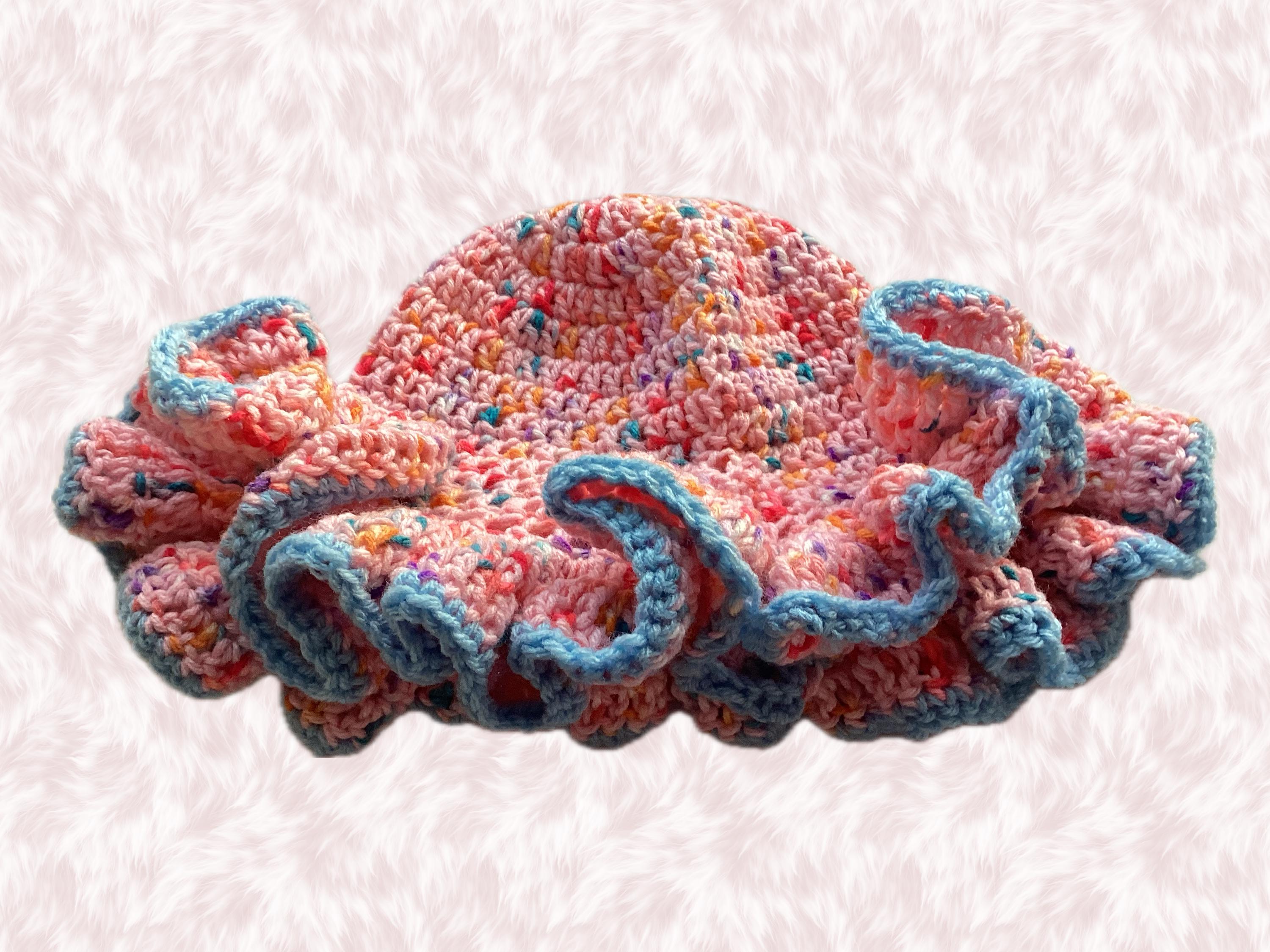 Pink Speckled Ruffle Hat with Light Blue Trim- Unique, Colorful Bucket Hat