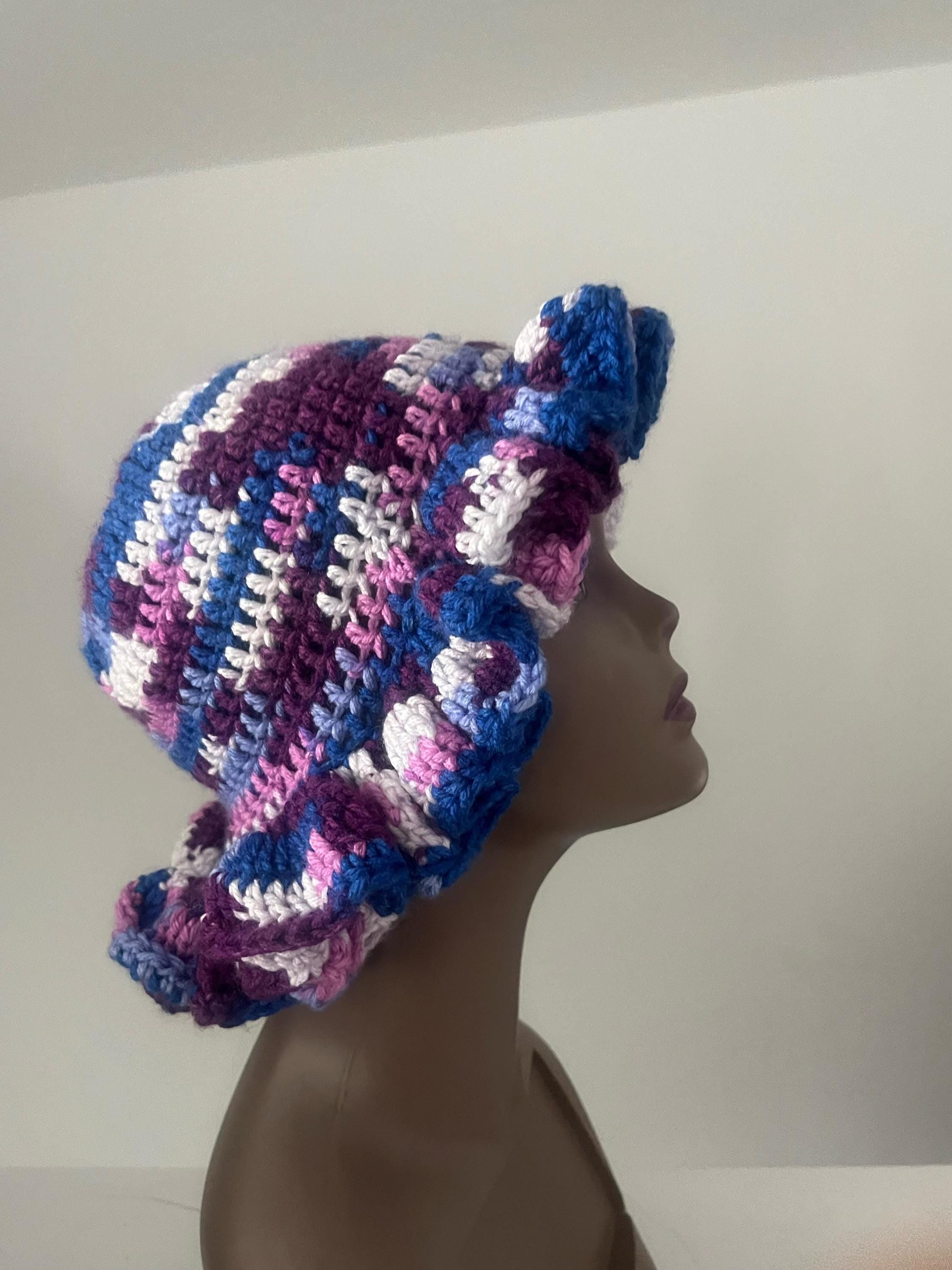 Handmade Acrylic Ruffle Bucket Hat, Purple Blue White, Adult Size