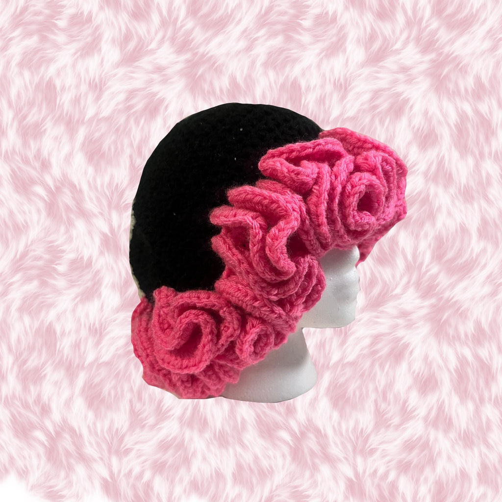 Black & Hot Pink Ruffle Bucket Hat - Handmade Acrylic Yarn