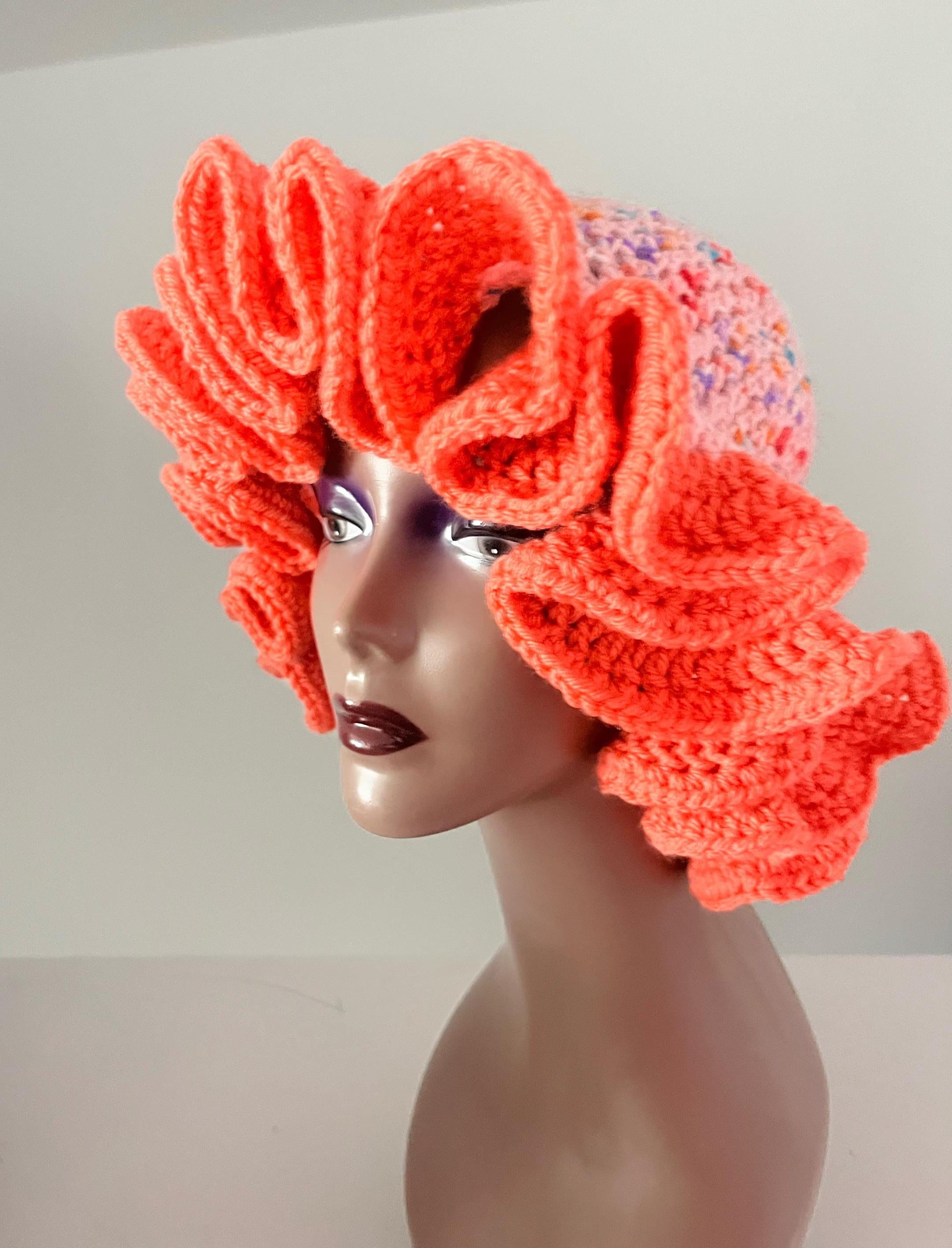 Pink Speckled Ruffle Hat with Bright Peach Brim- Unique, Colorful Bucket Hat