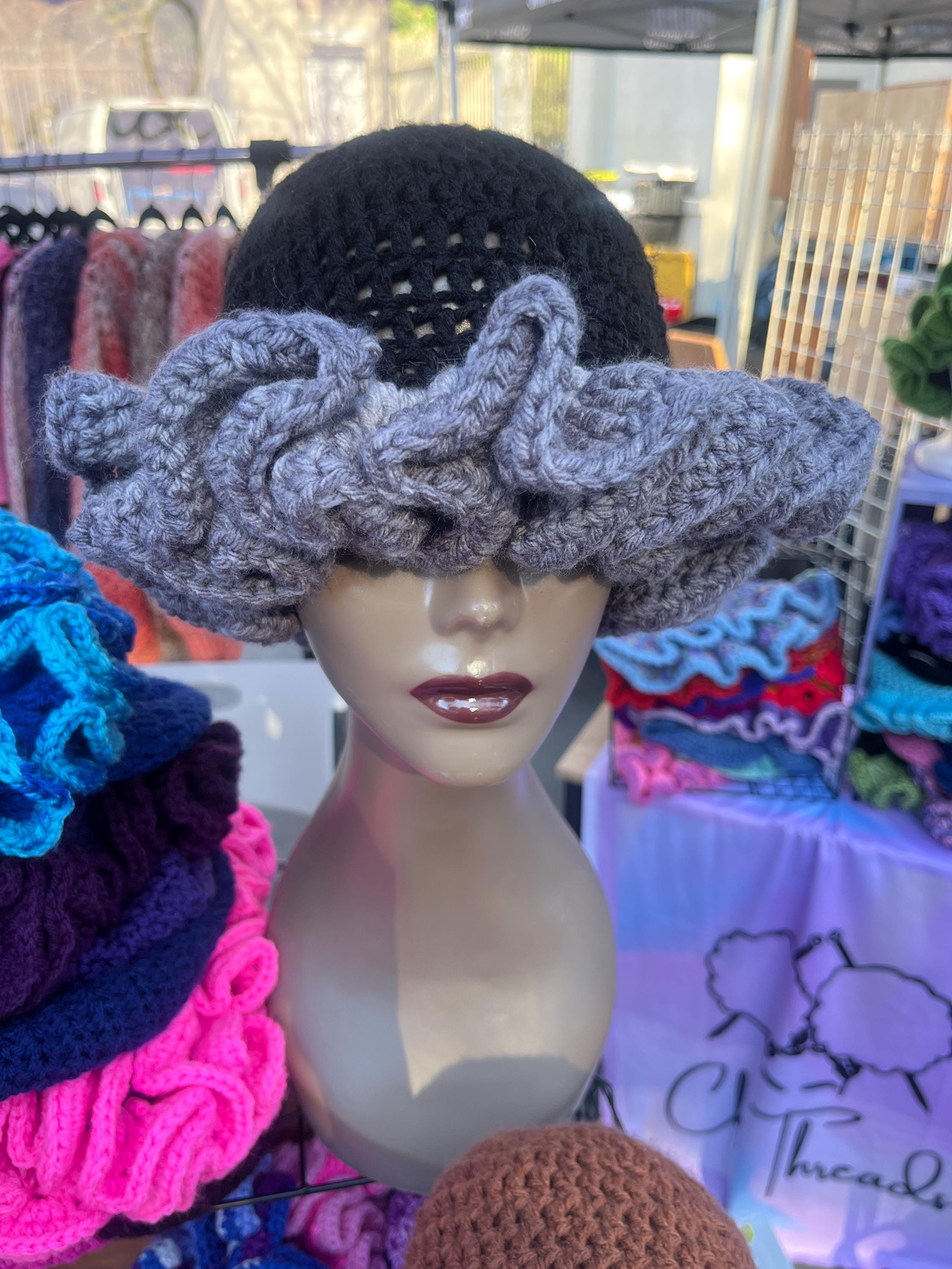 Handmade Black Crochet Ruffle Hat – Adult M/L, Satin Lined
