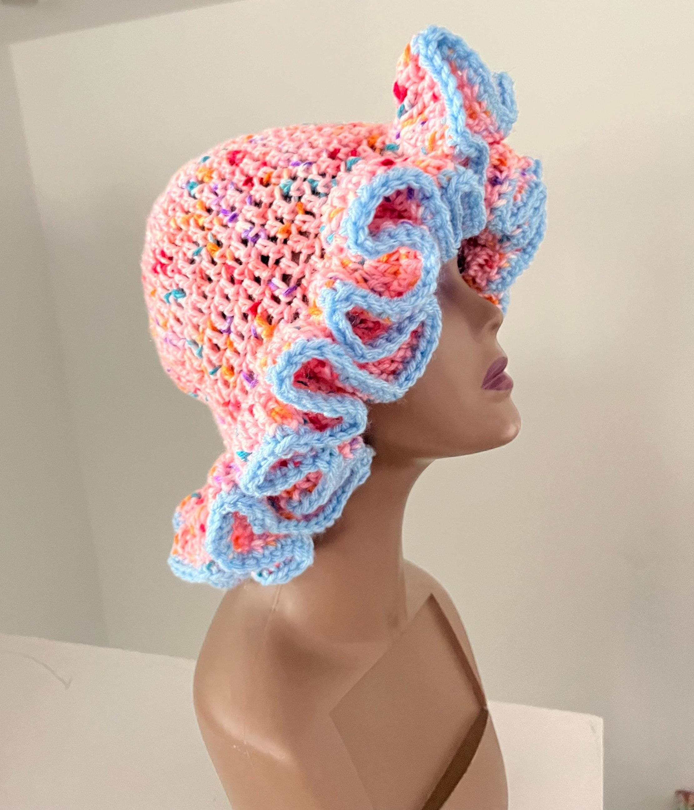Pink Speckled Ruffle Hat with Light Blue Trim- Unique, Colorful Bucket Hat