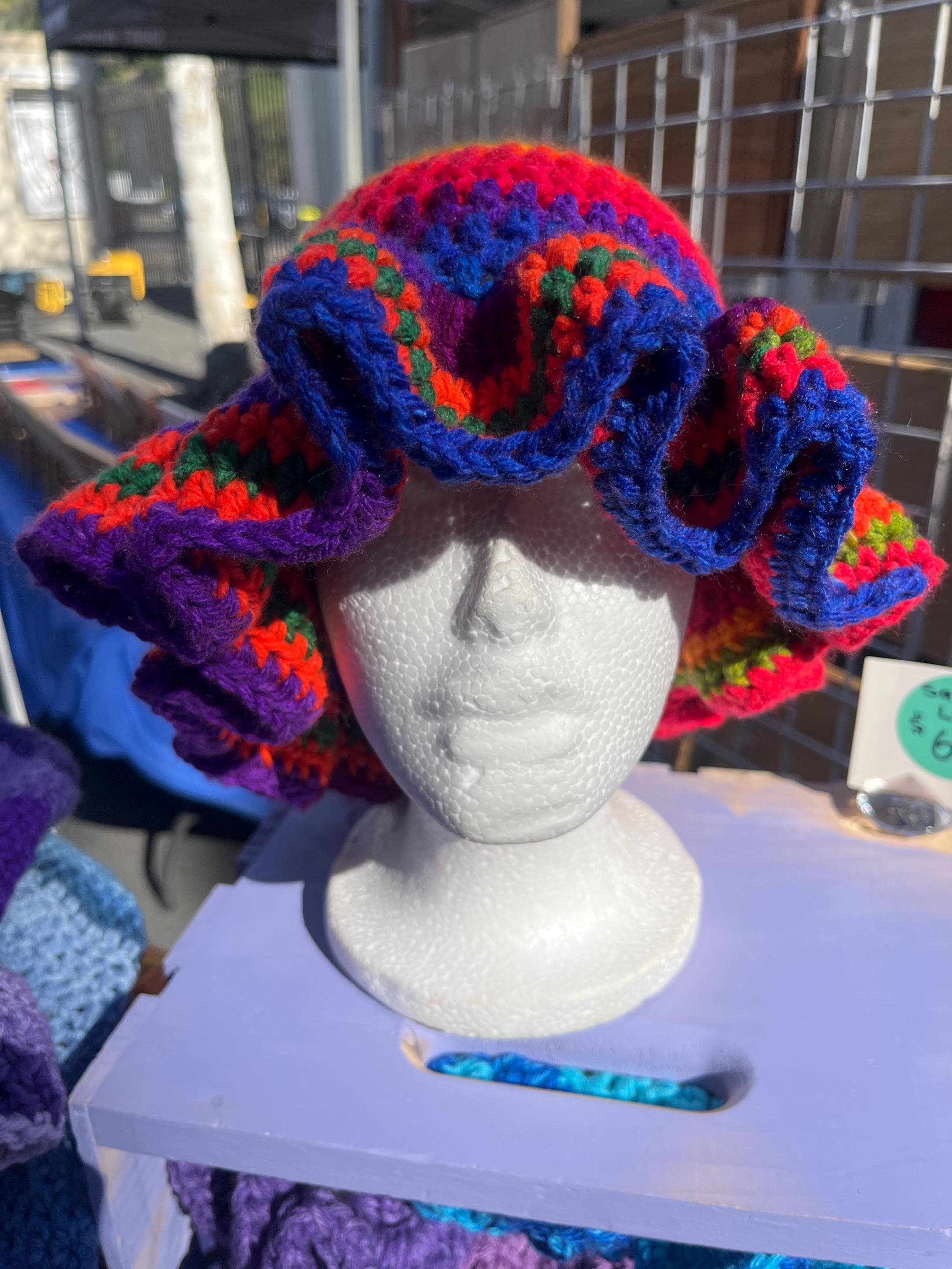 Handmade Rainbow Ruffle Bucket Hat – Acrylic Yarn, Adult Size
