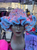 Pink Speckled Ruffle Hat with Light Blue Trim- Unique, Colorful Bucket Hat
