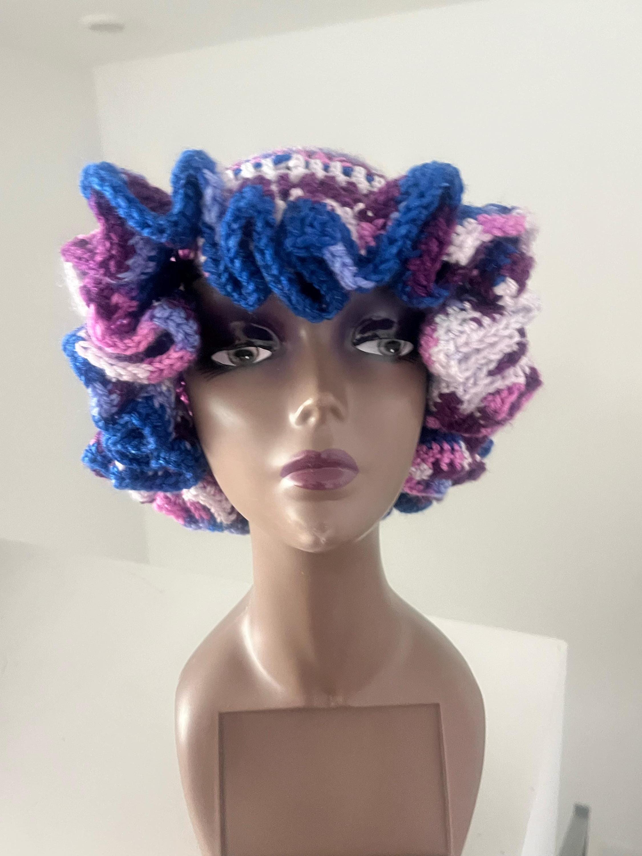 Handmade Acrylic Ruffle Bucket Hat, Purple Blue White, Adult Size
