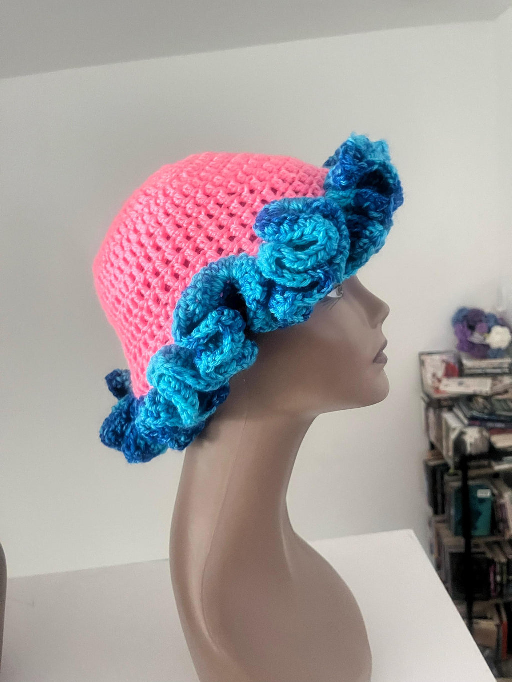 Satin Lined Pink Ruffle Hat with Ocean Blue Trim - Unique Colorful, Bucket Hat