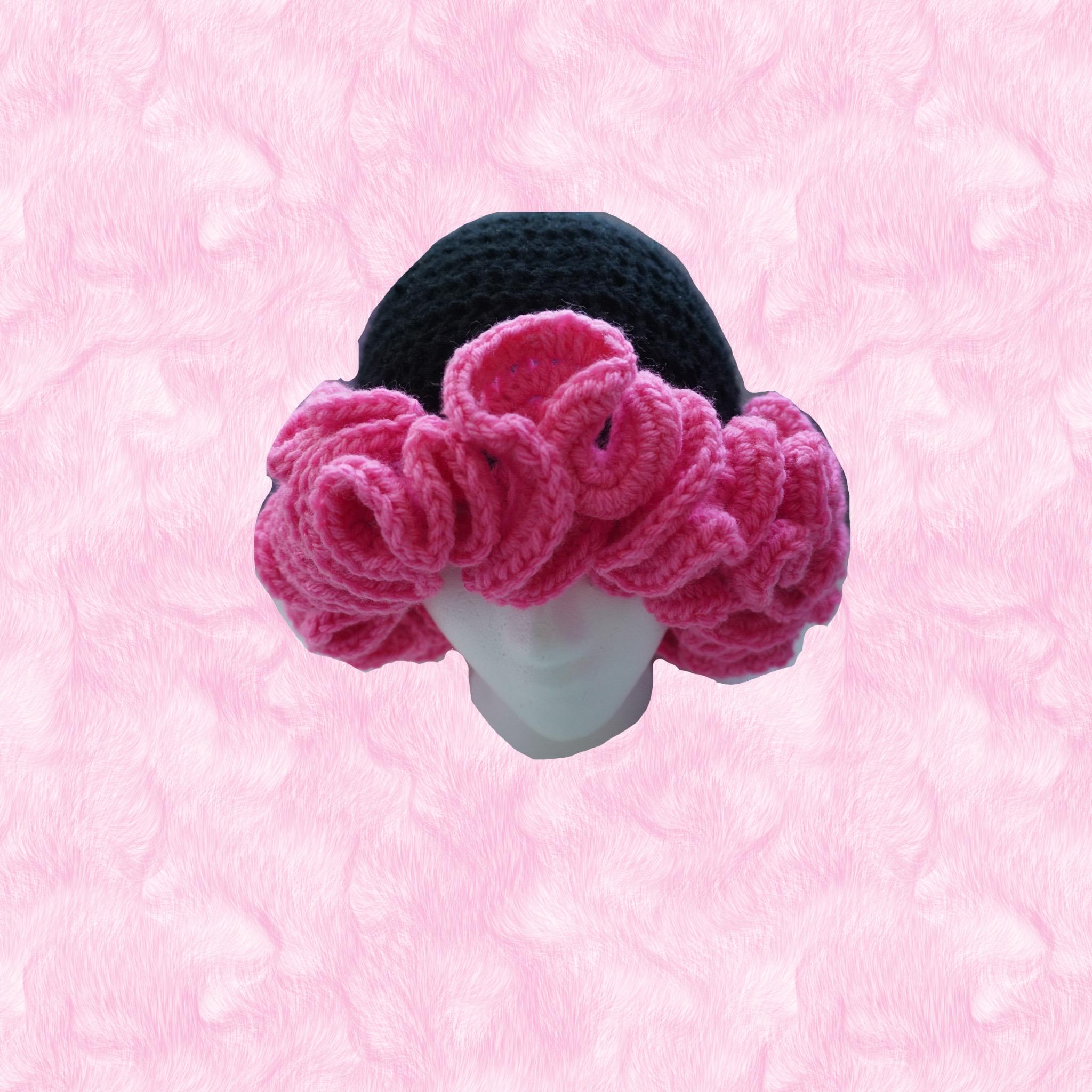 Black & Hot Pink Ruffle Bucket Hat - Handmade Acrylic Yarn