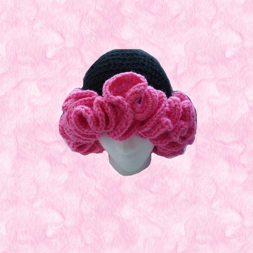 Black & Hot Pink Ruffle Bucket Hat - Handmade Acrylic Yarn