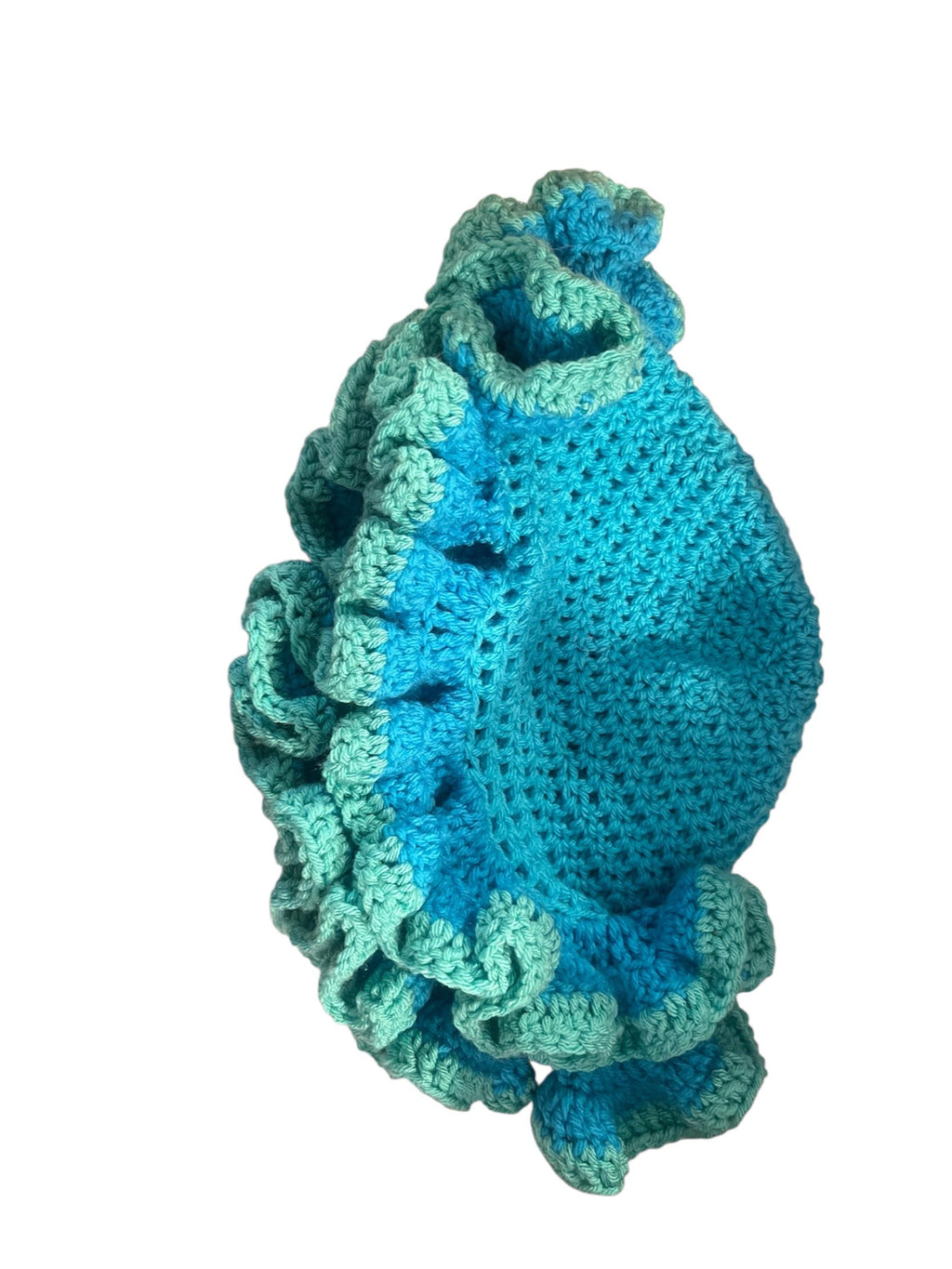 Ombre Ruffle Bucket Hat – Handmade Blue Acrylic Yarn