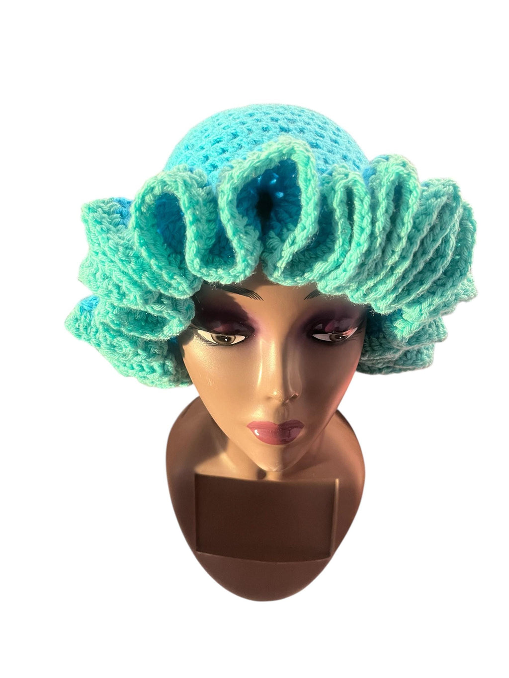 Ombre Ruffle Bucket Hat – Handmade Blue Acrylic Yarn