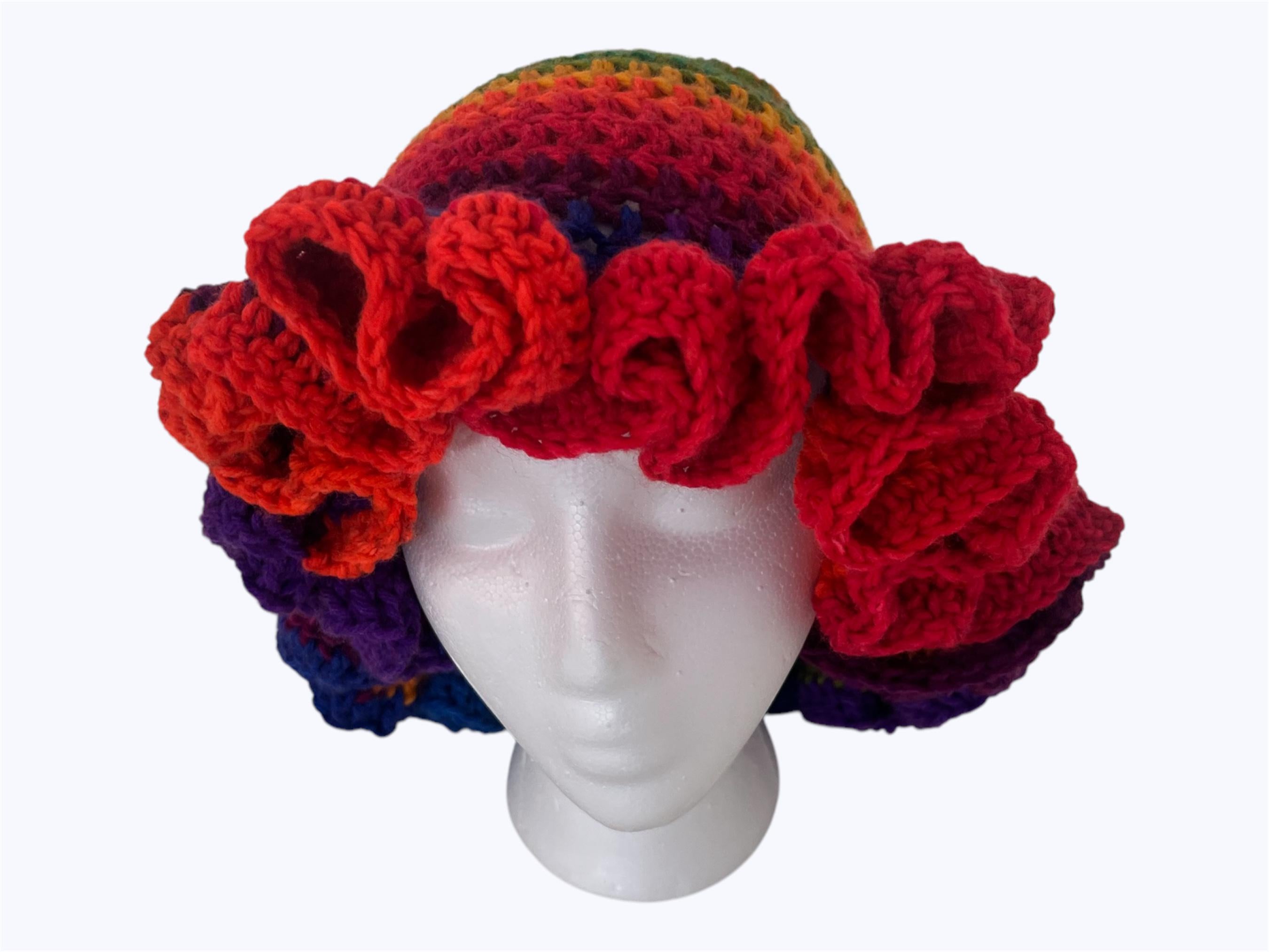 Handmade Rainbow Ruffle Bucket Hat – Acrylic Yarn, Adult Size