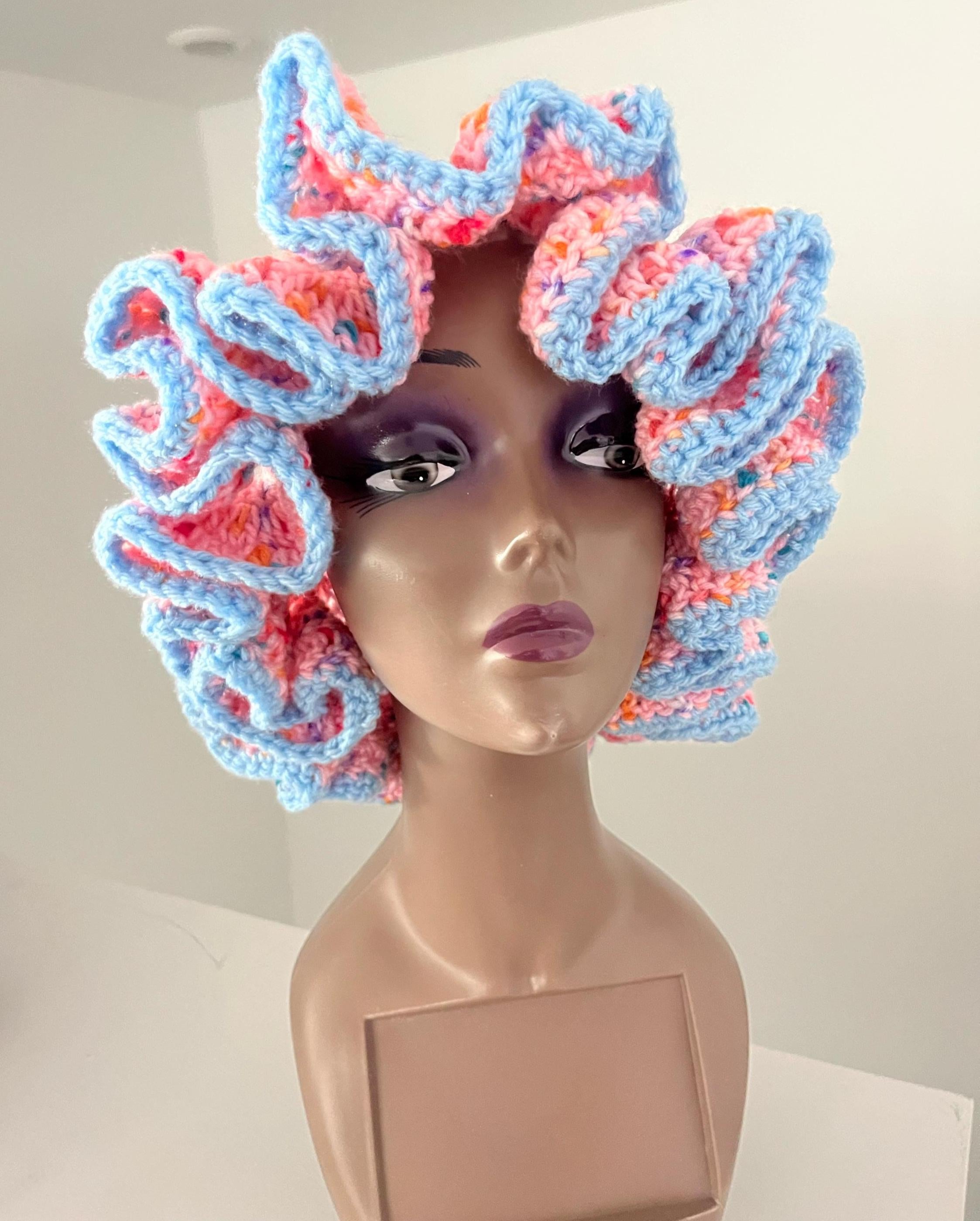 Pink Speckled Ruffle Hat with Light Blue Trim- Unique, Colorful Bucket Hat