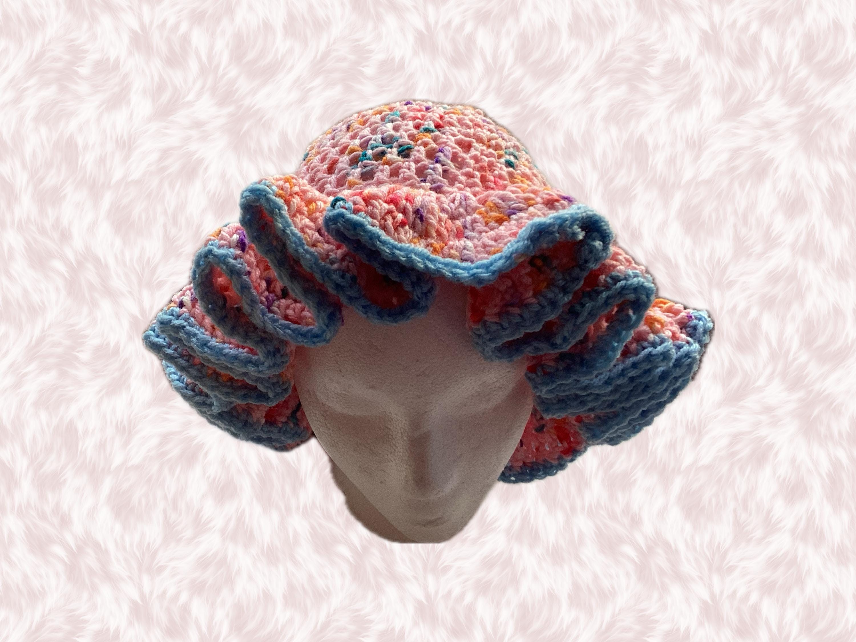 Pink Speckled Ruffle Hat with Light Blue Trim- Unique, Colorful Bucket Hat