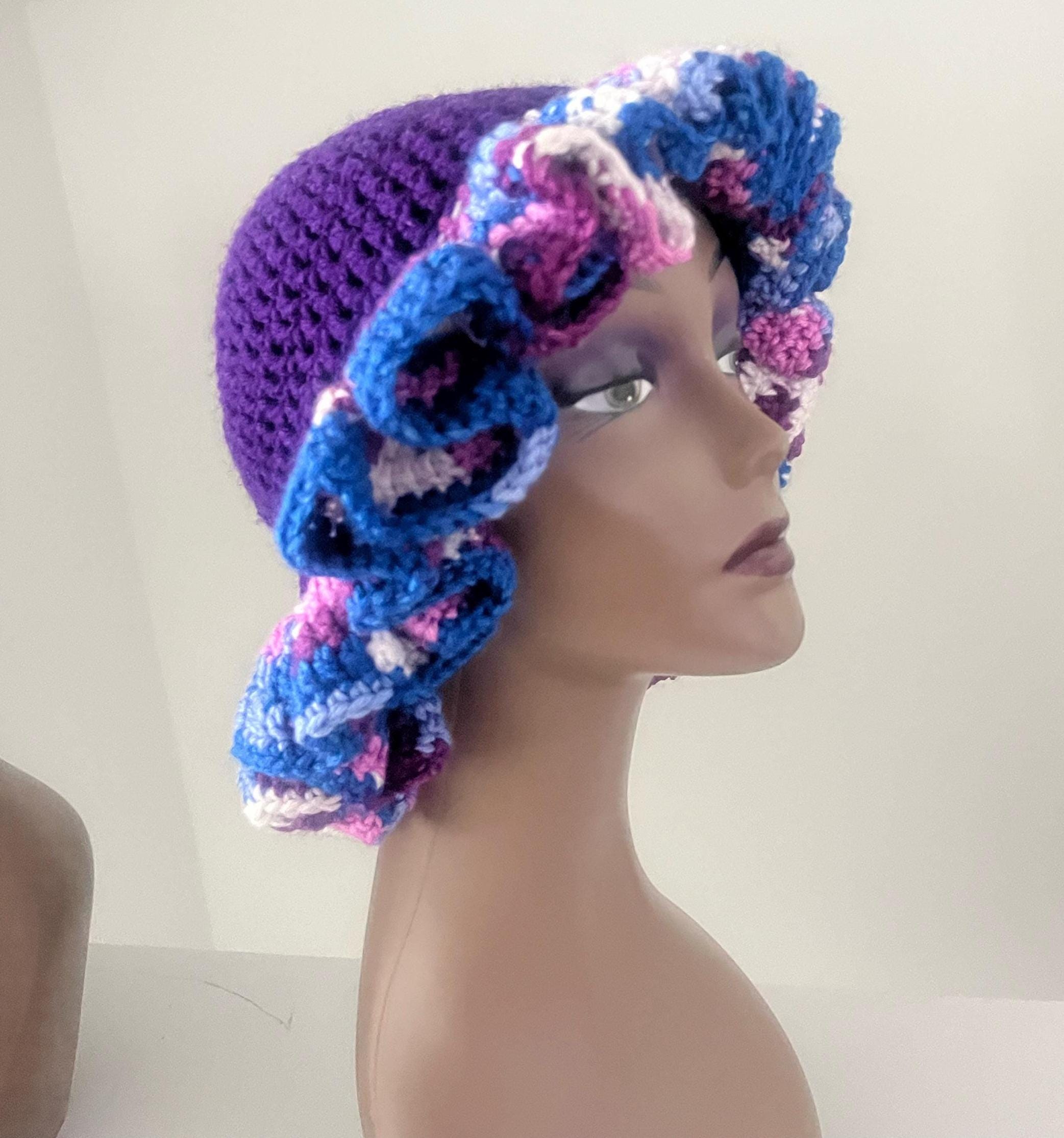 Handmade Purple Ruffle Bucket Hat, Colorful Crochet Knit