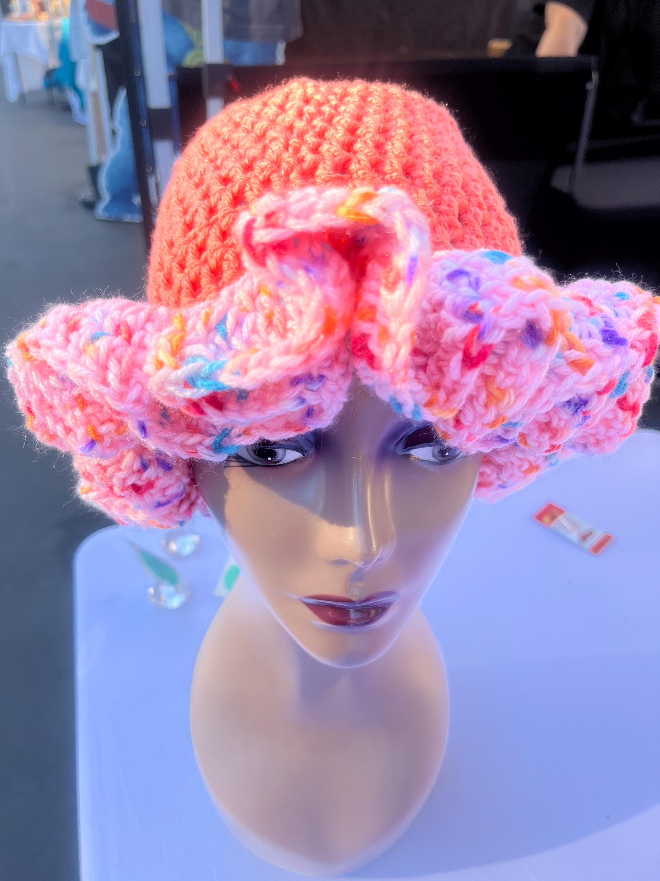 Bright Peach Hat with Pink Speckled Ruffle Brim - Unique, Colorful Bucket Hat