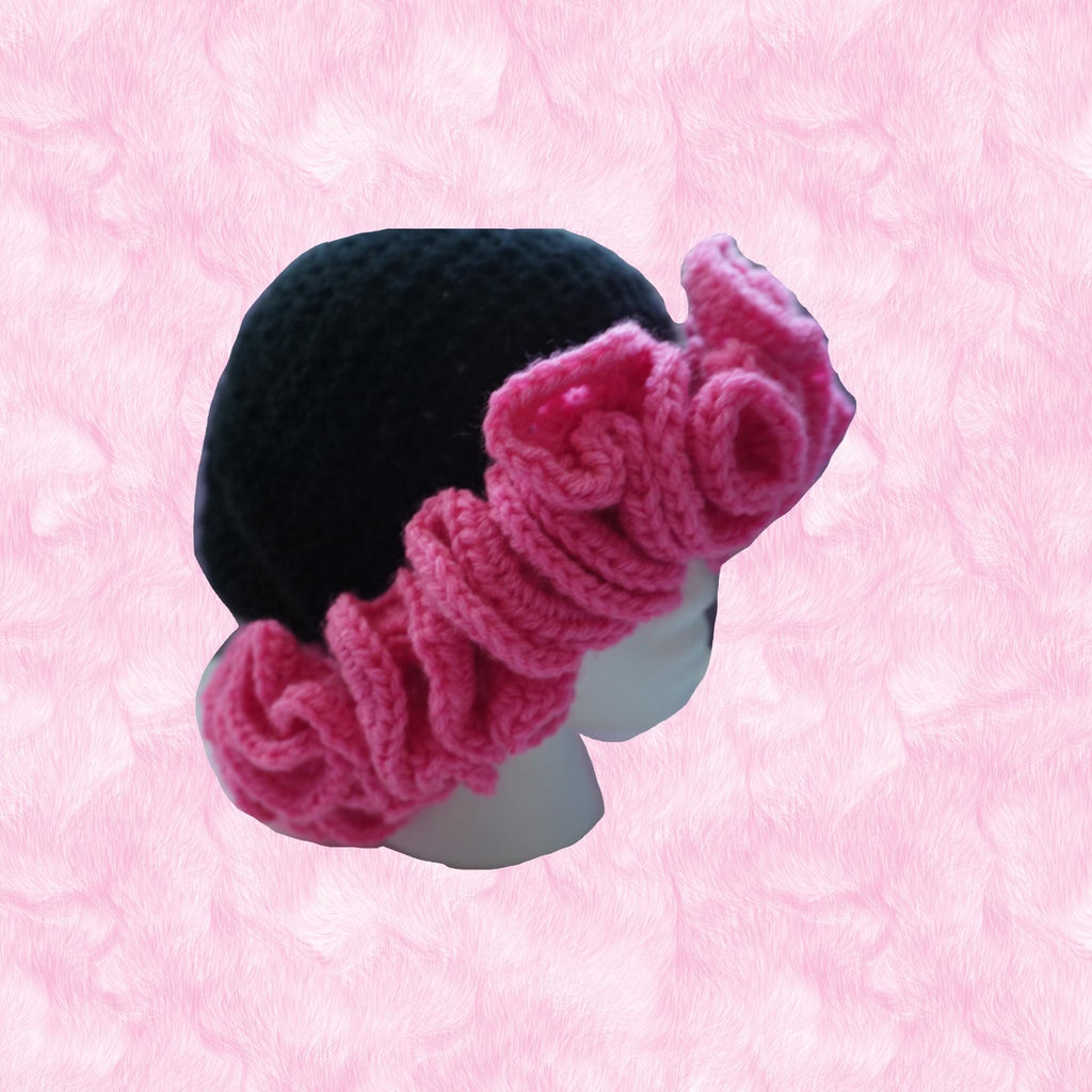Black & Hot Pink Ruffle Bucket Hat - Handmade Acrylic Yarn