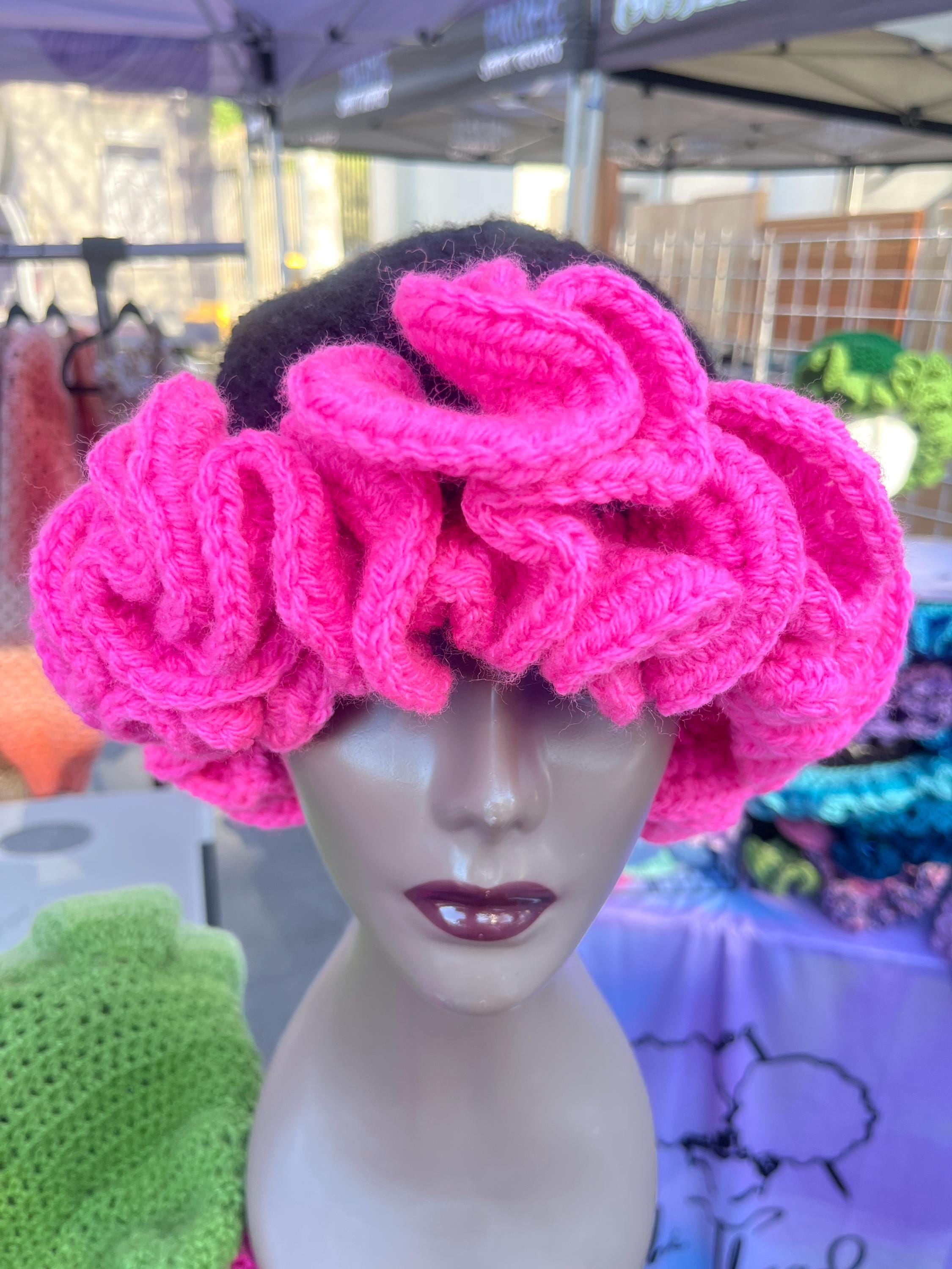 Black & Hot Pink Ruffle Bucket Hat - Handmade Acrylic Yarn