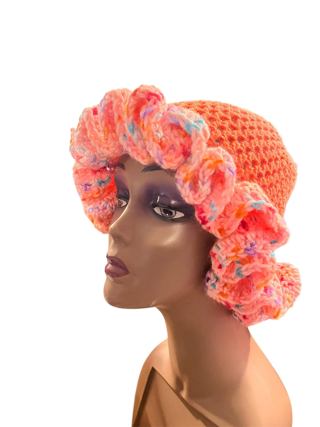 Bright Peach Hat with Pink Speckled Ruffle Brim - Unique, Colorful Bucket Hat