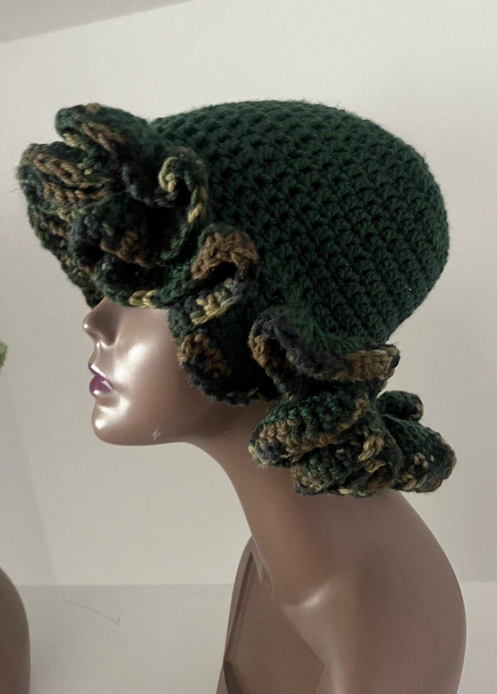 Deep Forest Green Ruffle Hat with Camo Trim - Unique, Colorful Bucket Hat