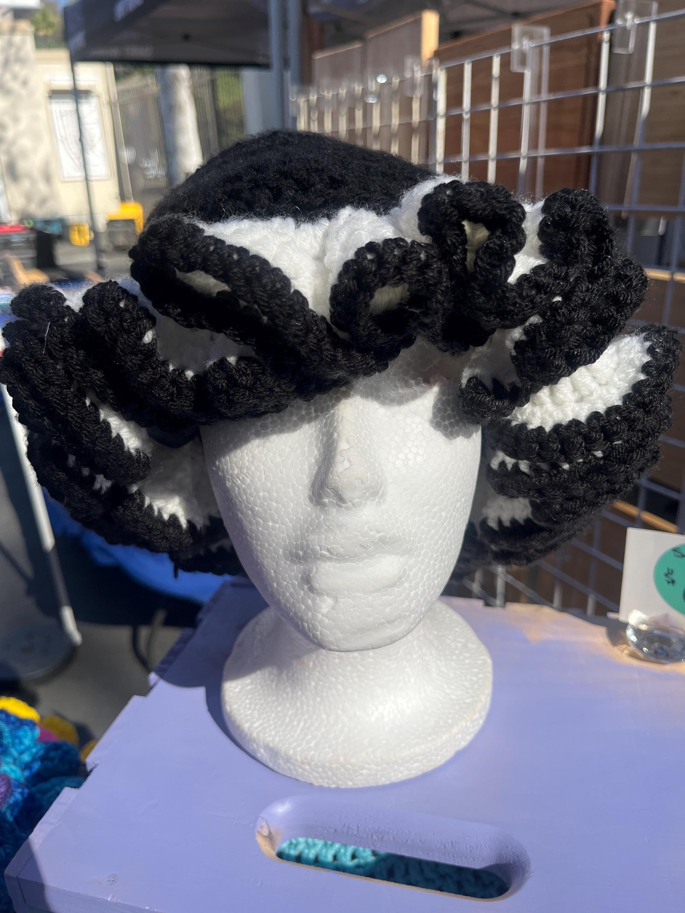 Satin-Lined Ruffle Bucket Hat - Black and White Acrylic Yarn