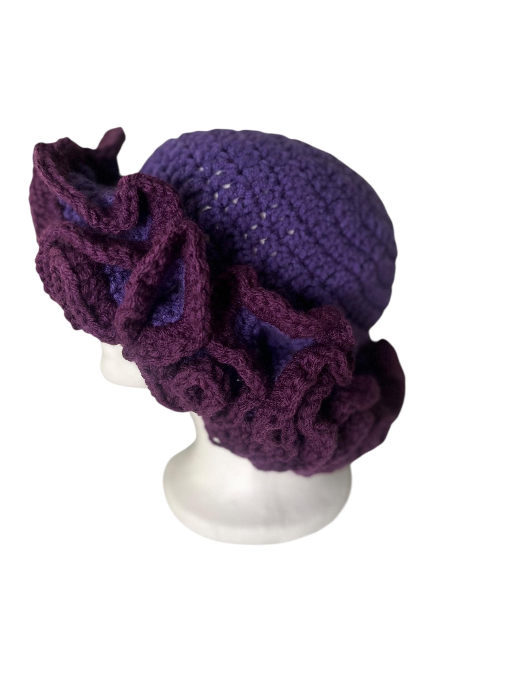 Dual Toned Violet and Dark Purple Crochet Ruffle Hat - Fun Unique Bucket Hat